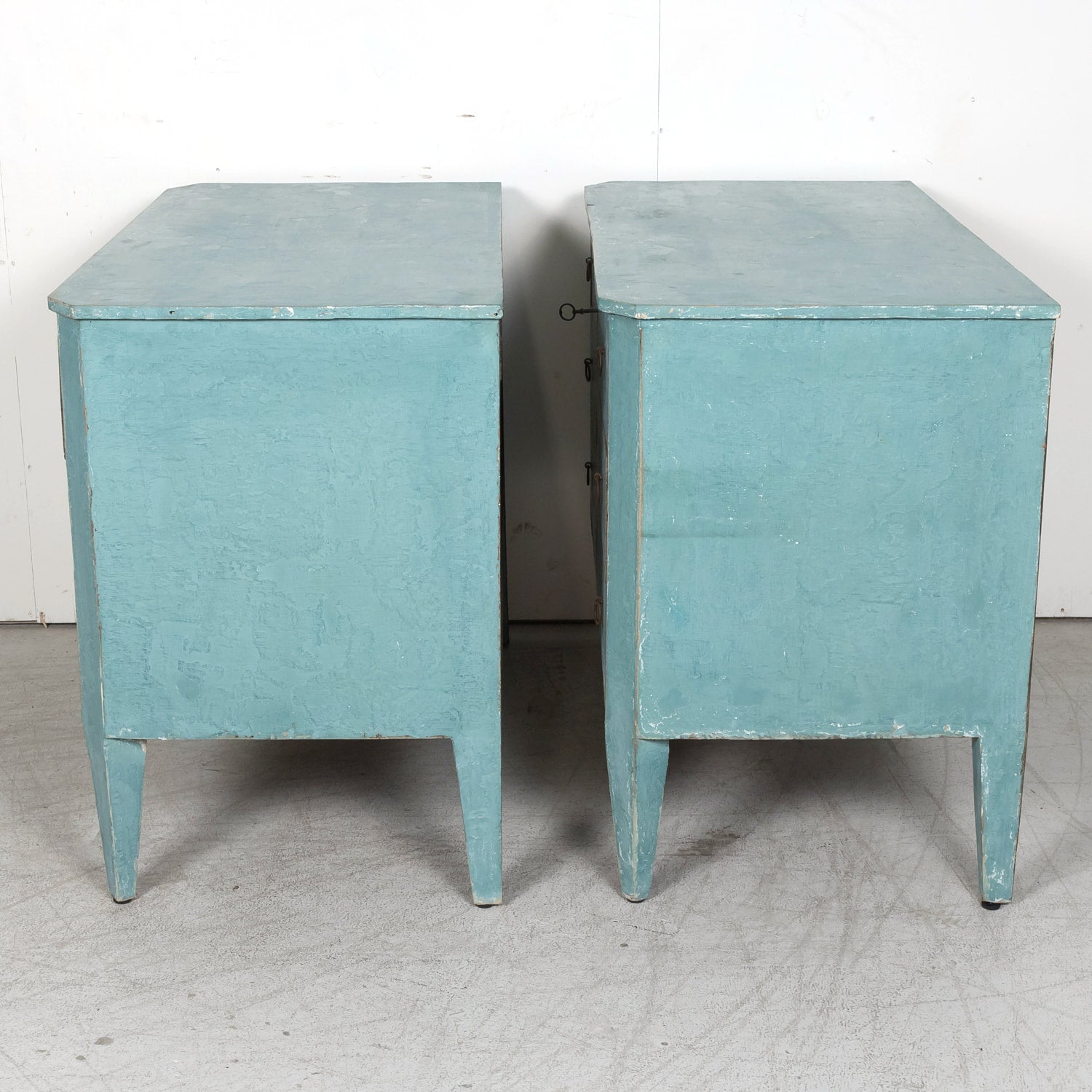 Pair of Late 19th Century French Louis XVI Style Aqua or Teal Painted Three-Drawer Commodes