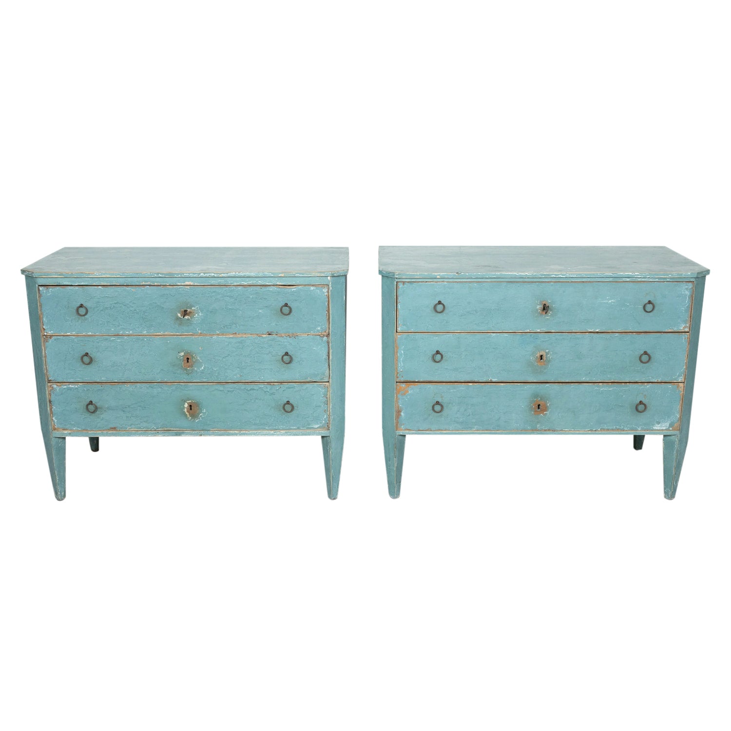 Pair of Late 19th Century French Louis XVI Style Aqua or Teal Painted Three-Drawer Commodes
