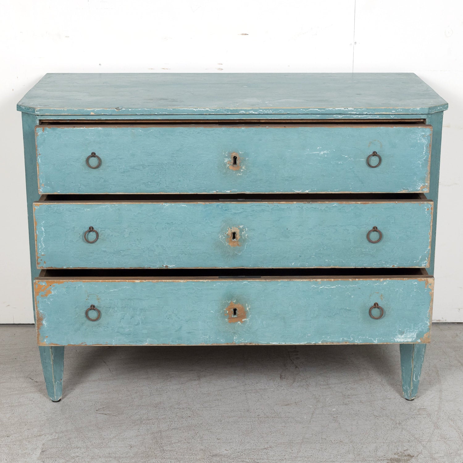 Pair of Late 19th Century French Louis XVI Style Aqua or Teal Painted Three-Drawer Commodes