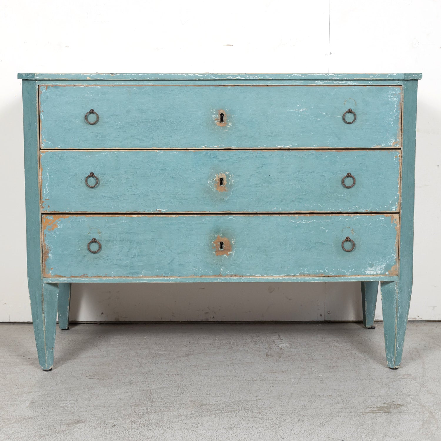 Pair of Late 19th Century French Louis XVI Style Aqua or Teal Painted Three-Drawer Commodes