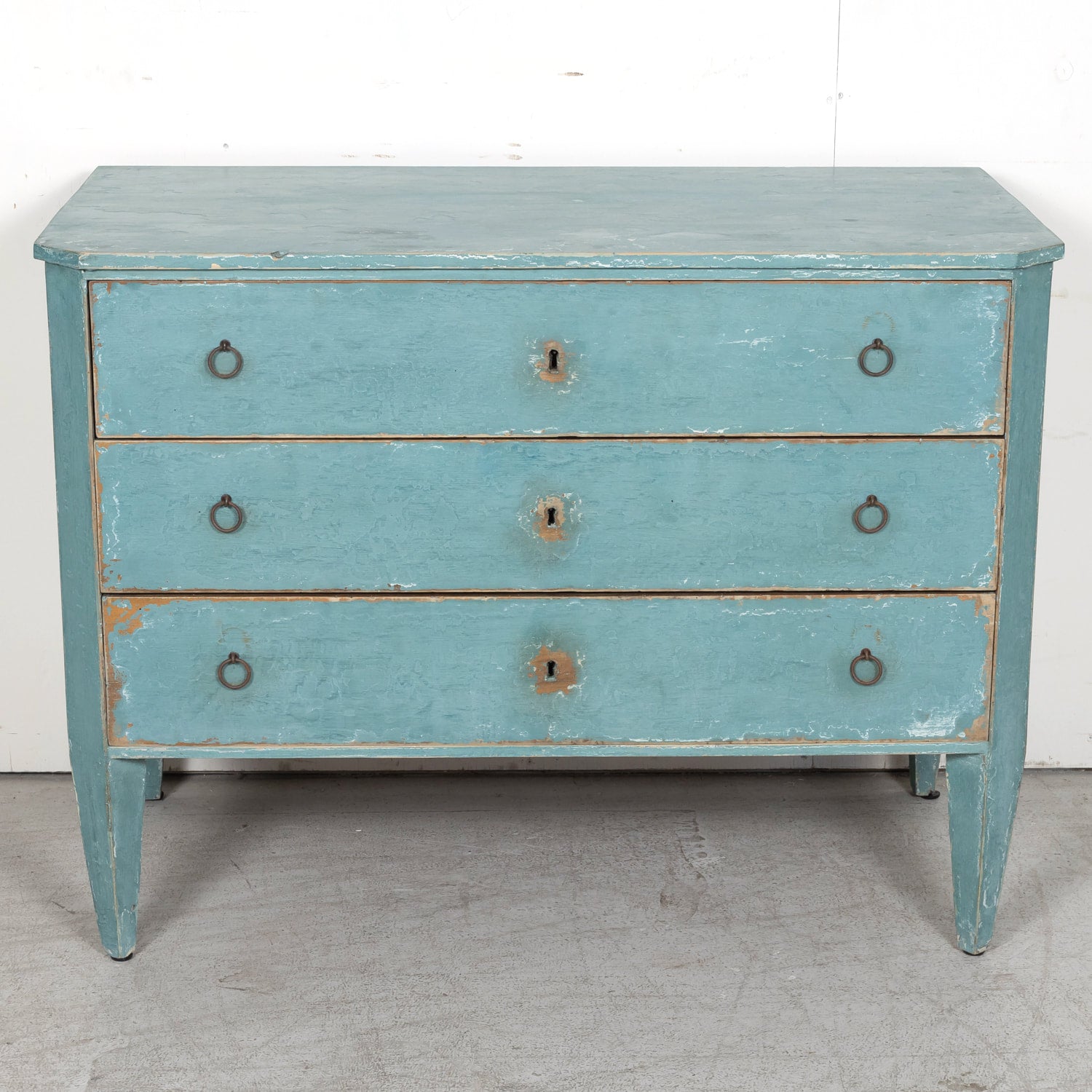 Pair of Late 19th Century French Louis XVI Style Aqua or Teal Painted Three-Drawer Commodes