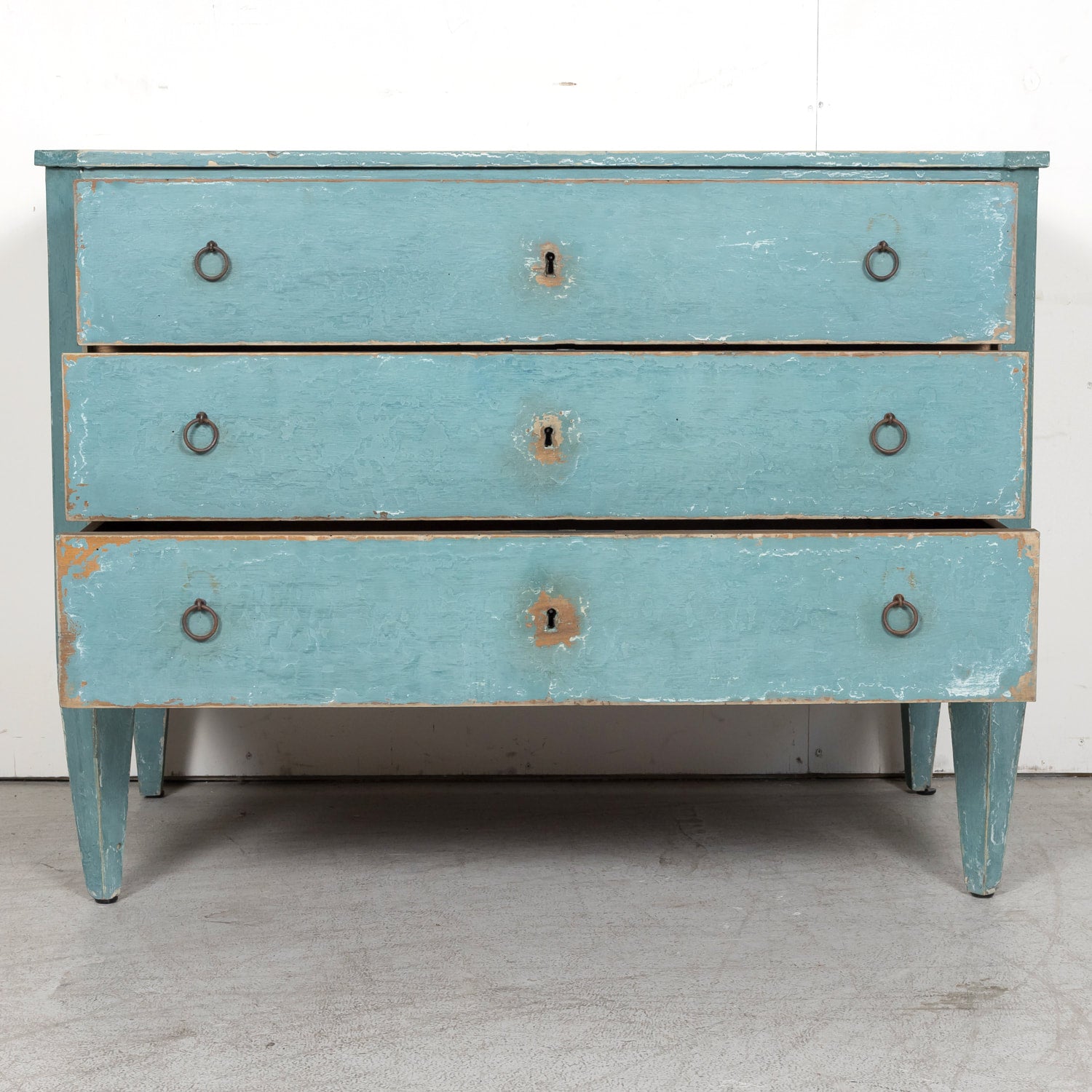 Pair of Late 19th Century French Louis XVI Style Aqua or Teal Painted Three-Drawer Commodes