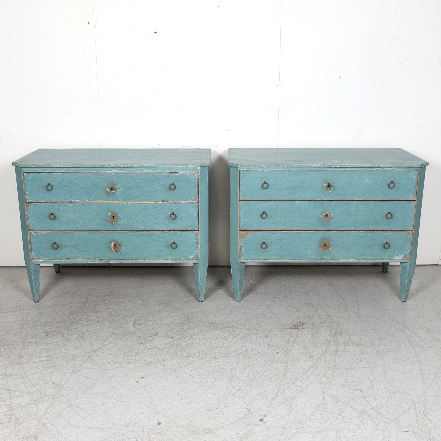 Pair of Late 19th Century French Louis XVI Style Aqua or Teal Painted Three-Drawer Commodes