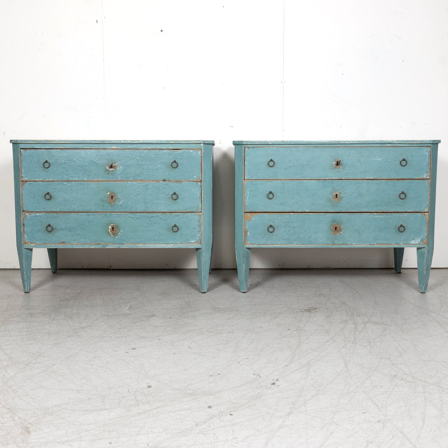 Pair of Late 19th Century French Louis XVI Style Aqua or Teal Painted Three-Drawer Commodes