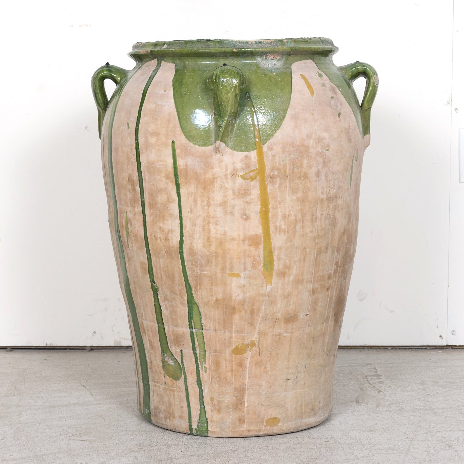 Large 19th Century Spanish Terracotta Olive Jar with Green Glaze and Handles