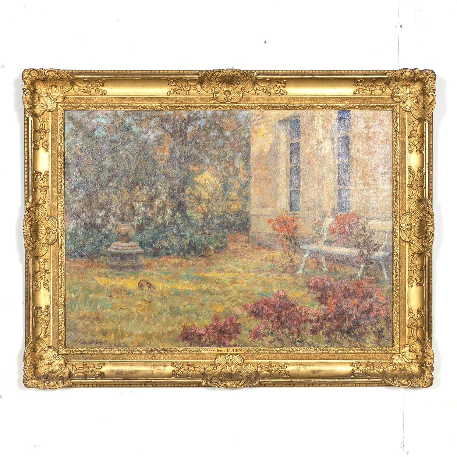 Large Framed Impressionist Oil Garden Landscape by French Artist Henri Duhem, Signed