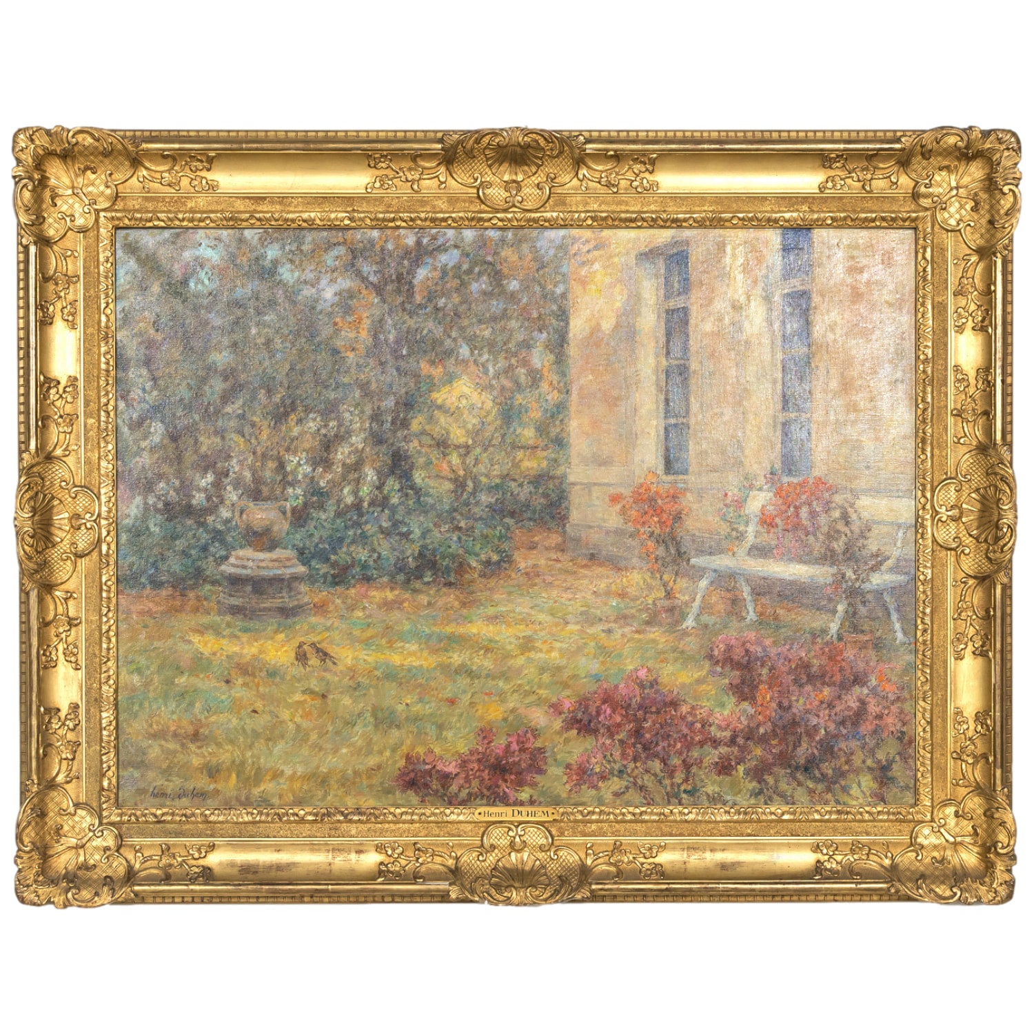 Large Framed Impressionist Oil Garden Landscape by French Artist Henri Duhem, Signed
