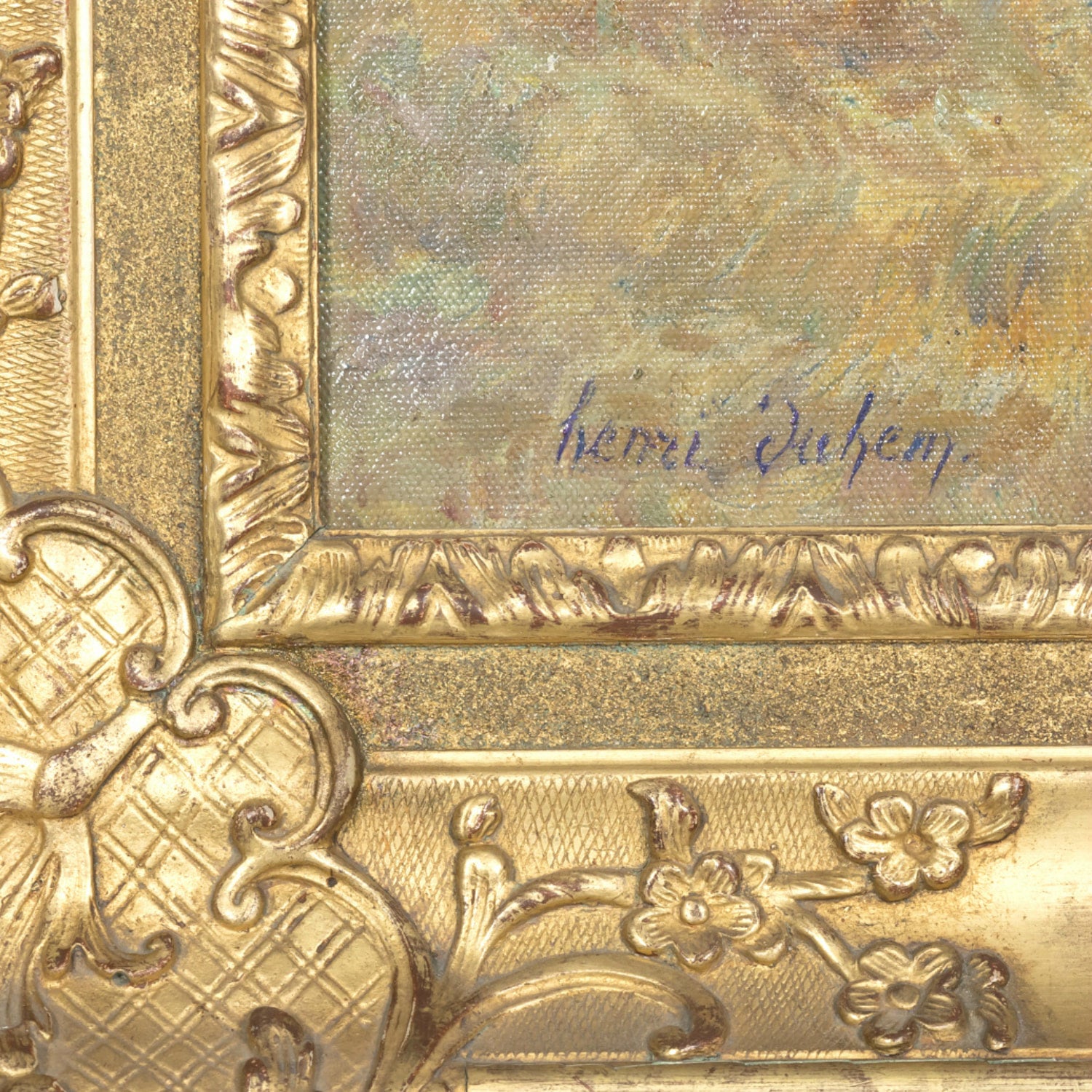 Large Framed Impressionist Oil Garden Landscape by French Artist Henri Duhem, Signed