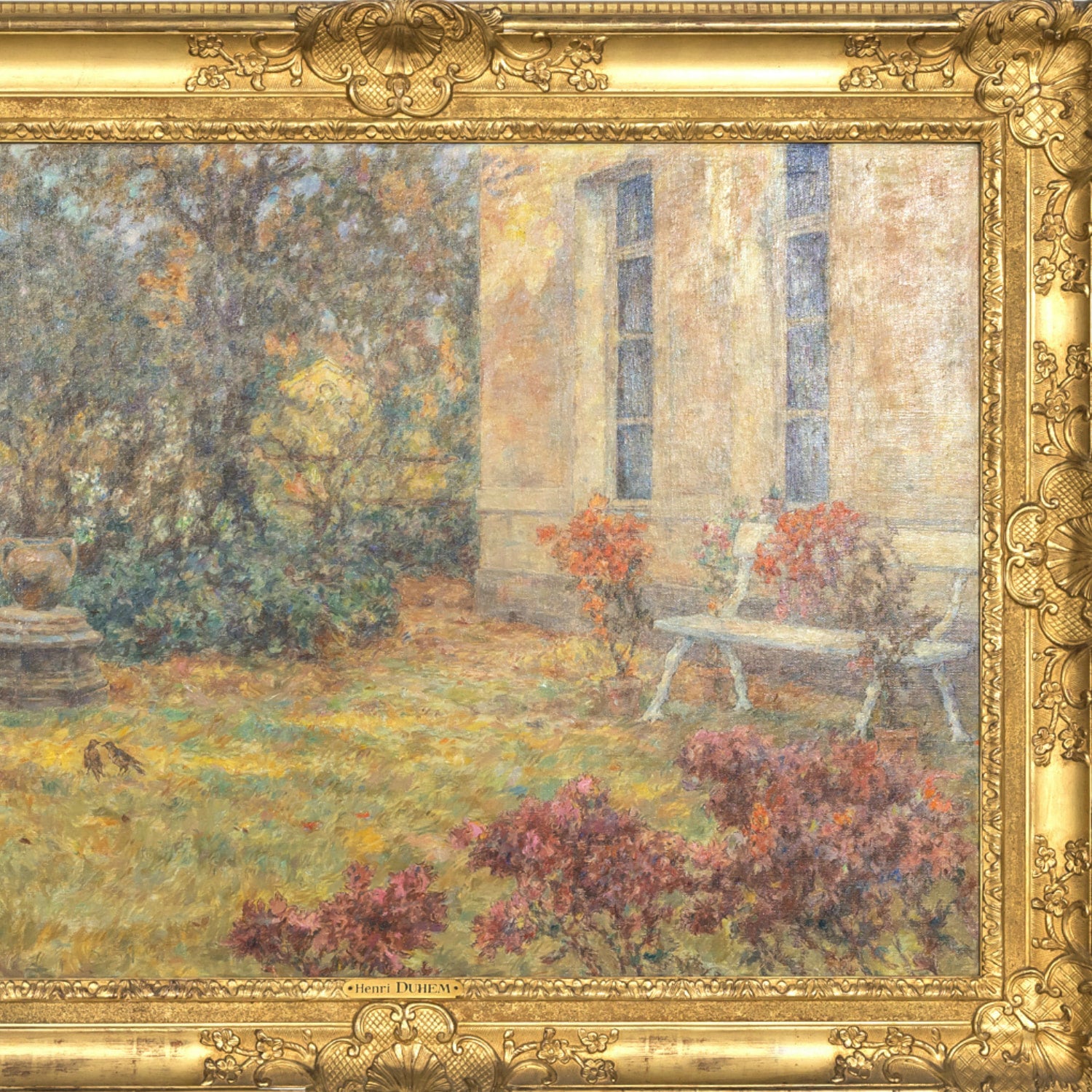 Large Framed Impressionist Oil Garden Landscape by French Artist Henri Duhem, Signed