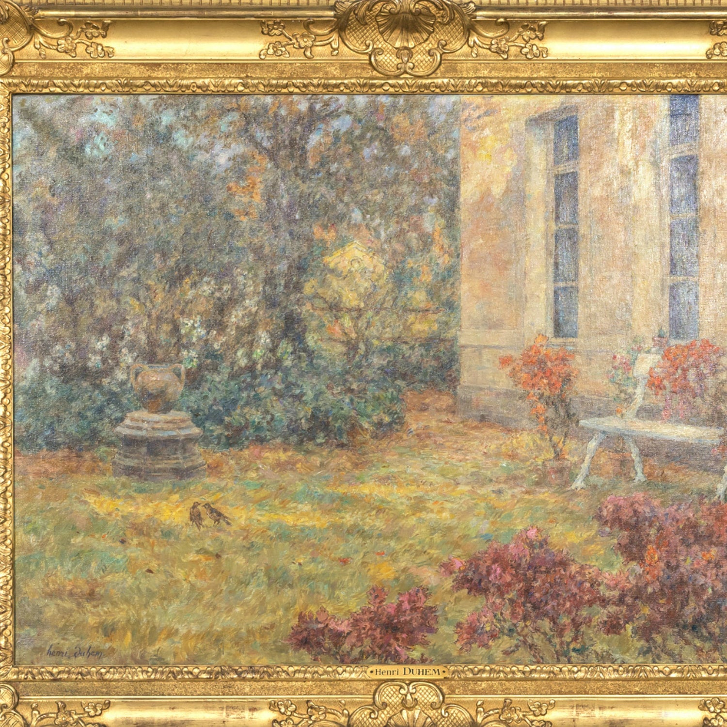 Large Framed Impressionist Oil Garden Landscape by French Artist Henri Duhem, Signed