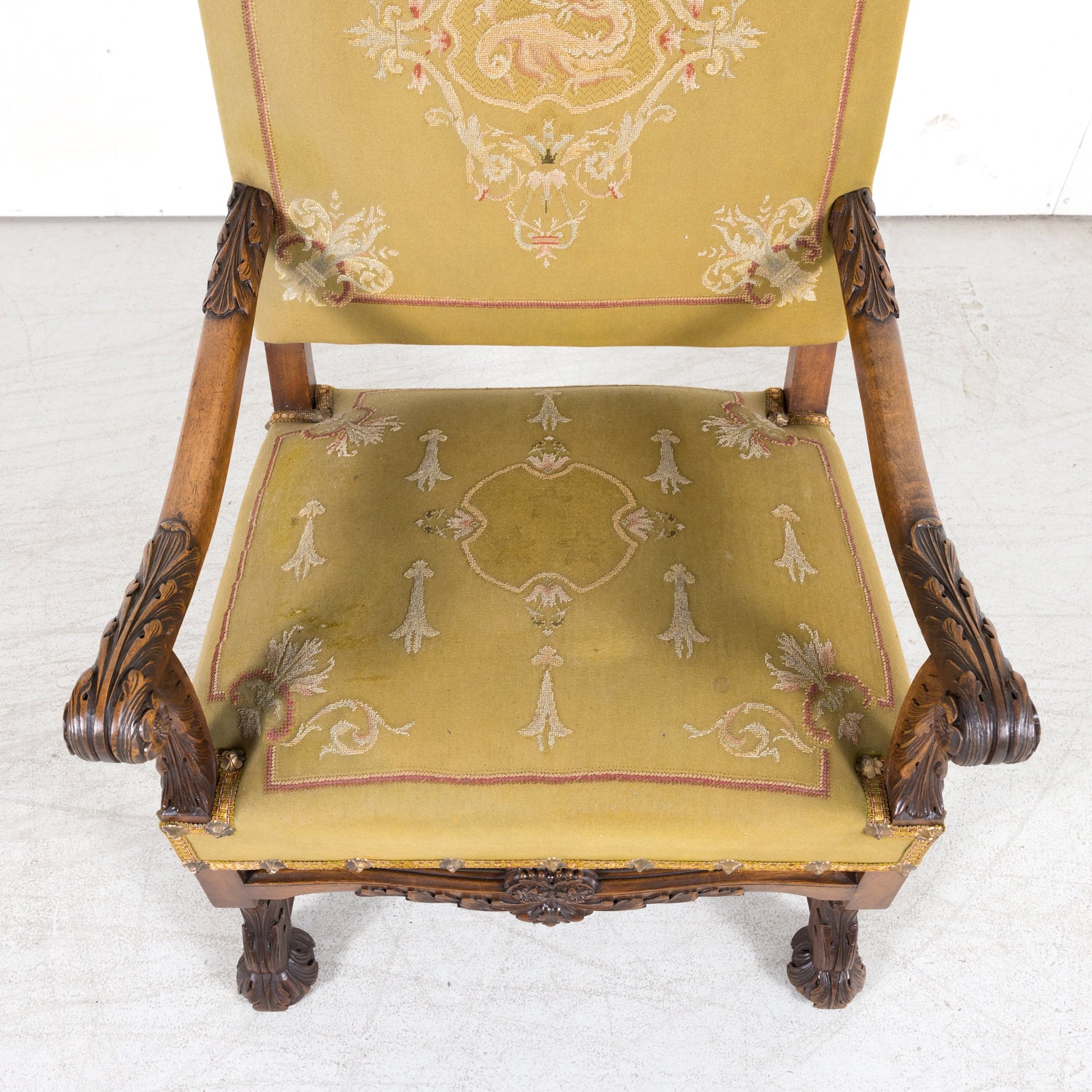 Pair of Early 19th Century French Louis XIV Style Carved Walnut Fauteuils or Armchairs