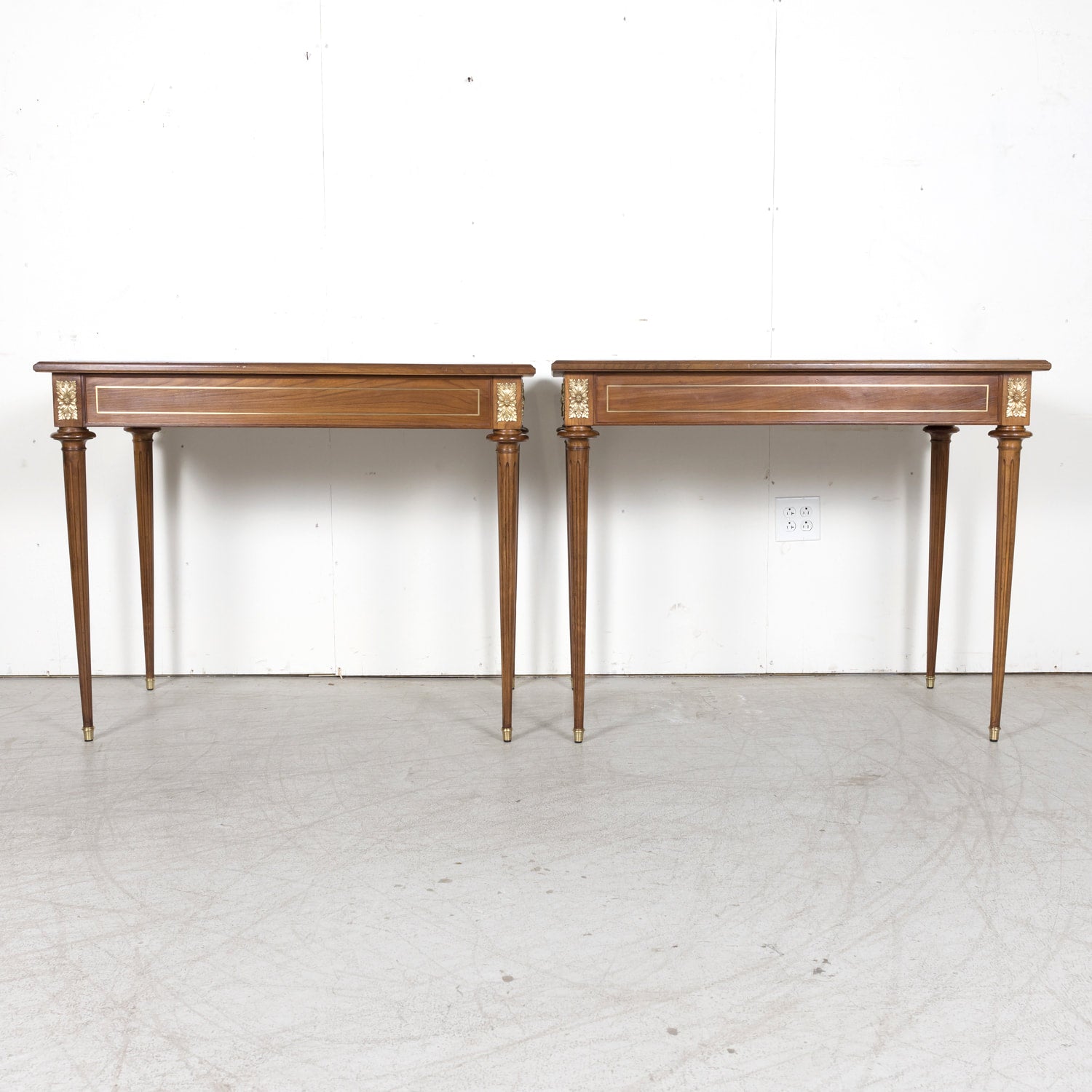 Pair of Early 20th Century French Louis XVI Style Maison Jansen Cherry Console Tables or Side Tables with Carrara Marble Tops and Drawers