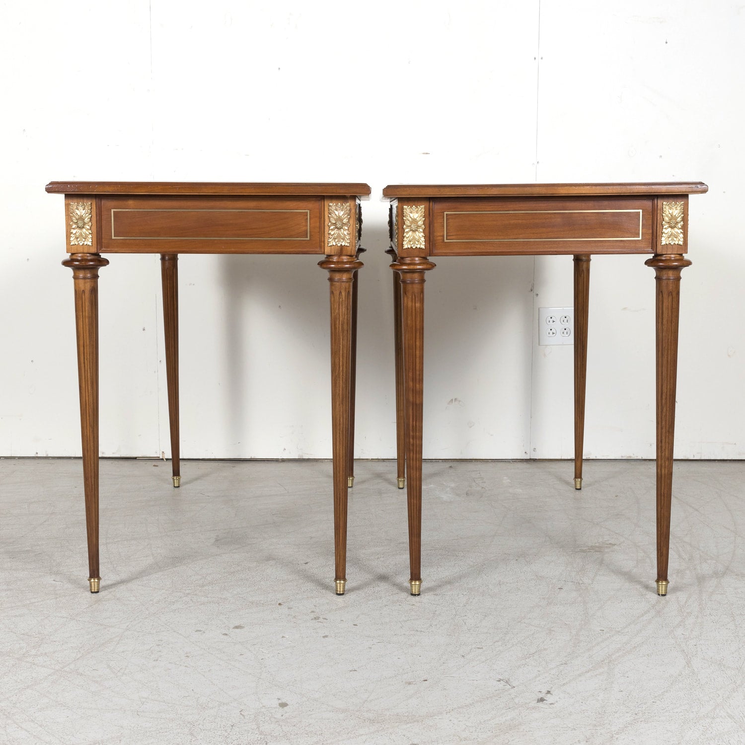 Pair of Early 20th Century French Louis XVI Style Maison Jansen Cherry Console Tables or Side Tables with Carrara Marble Tops and Drawers