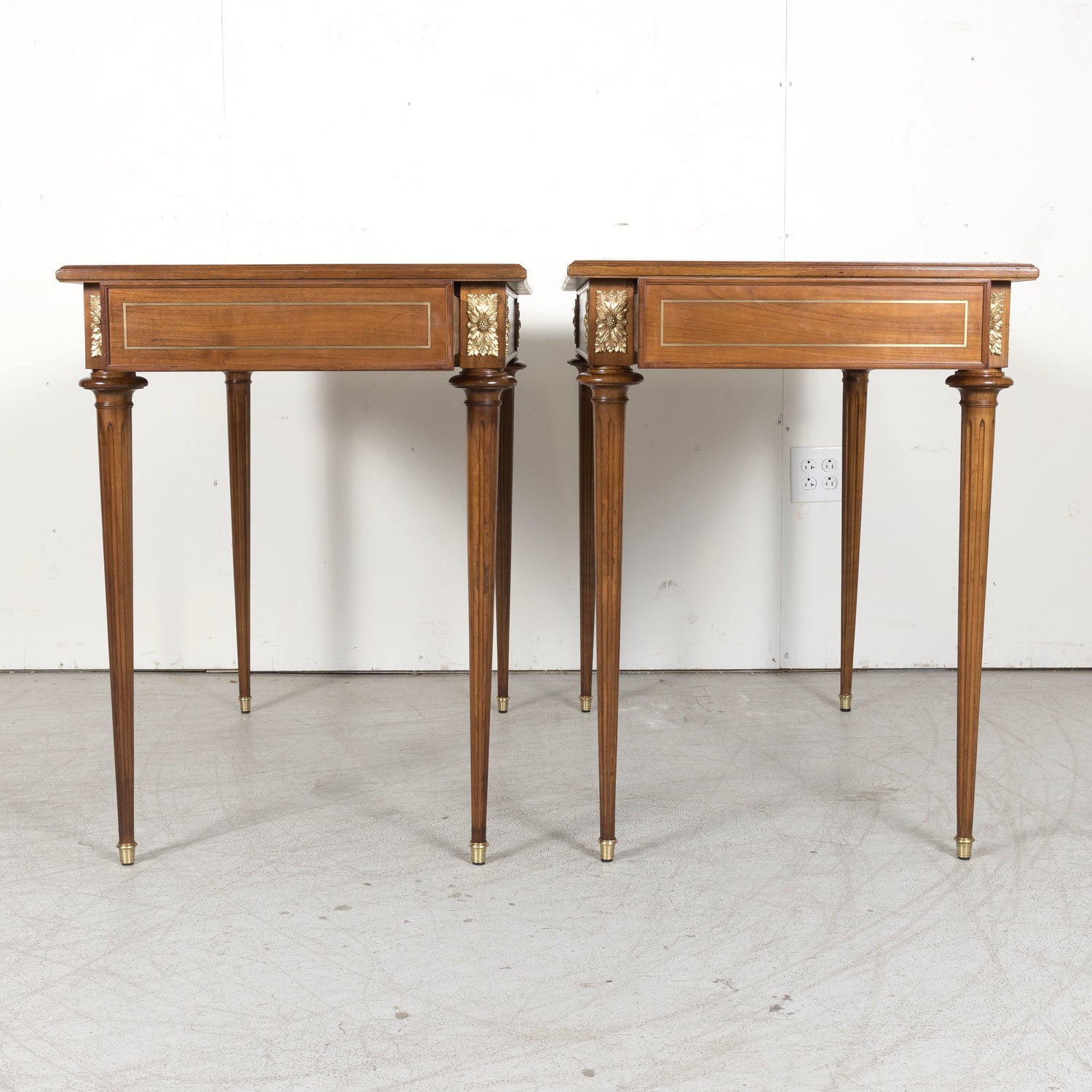 Pair of Early 20th Century French Louis XVI Style Maison Jansen Cherry Console Tables or Side Tables with Carrara Marble Tops and Drawers