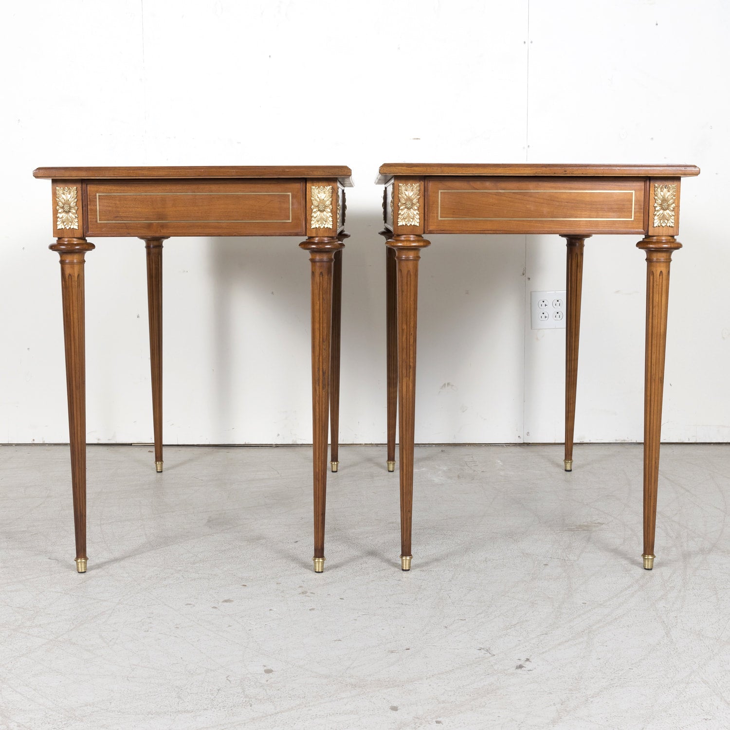 Pair of Early 20th Century French Louis XVI Style Maison Jansen Cherry Console Tables or Side Tables with Carrara Marble Tops and Drawers
