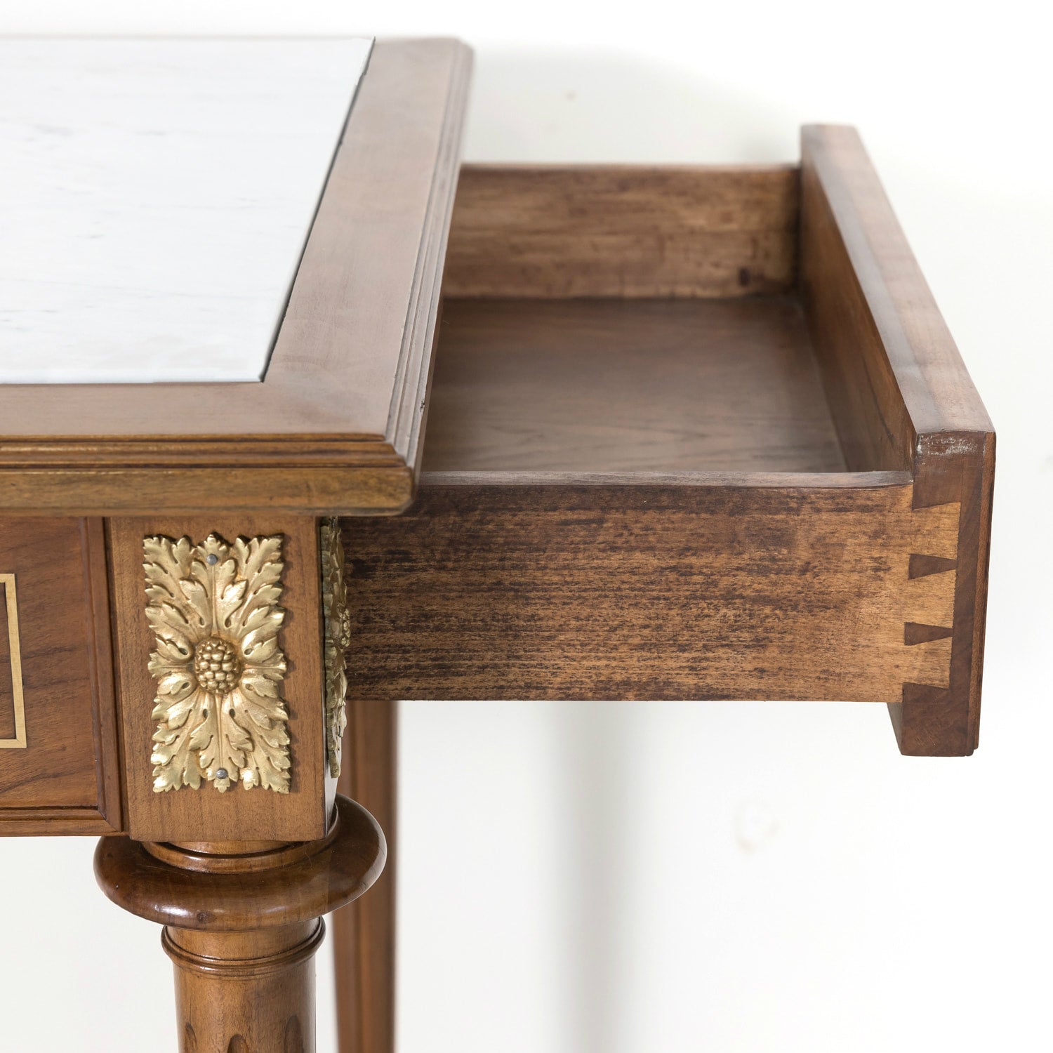 Pair of Early 20th Century French Louis XVI Style Maison Jansen Cherry Console Tables or Side Tables with Carrara Marble Tops and Drawers