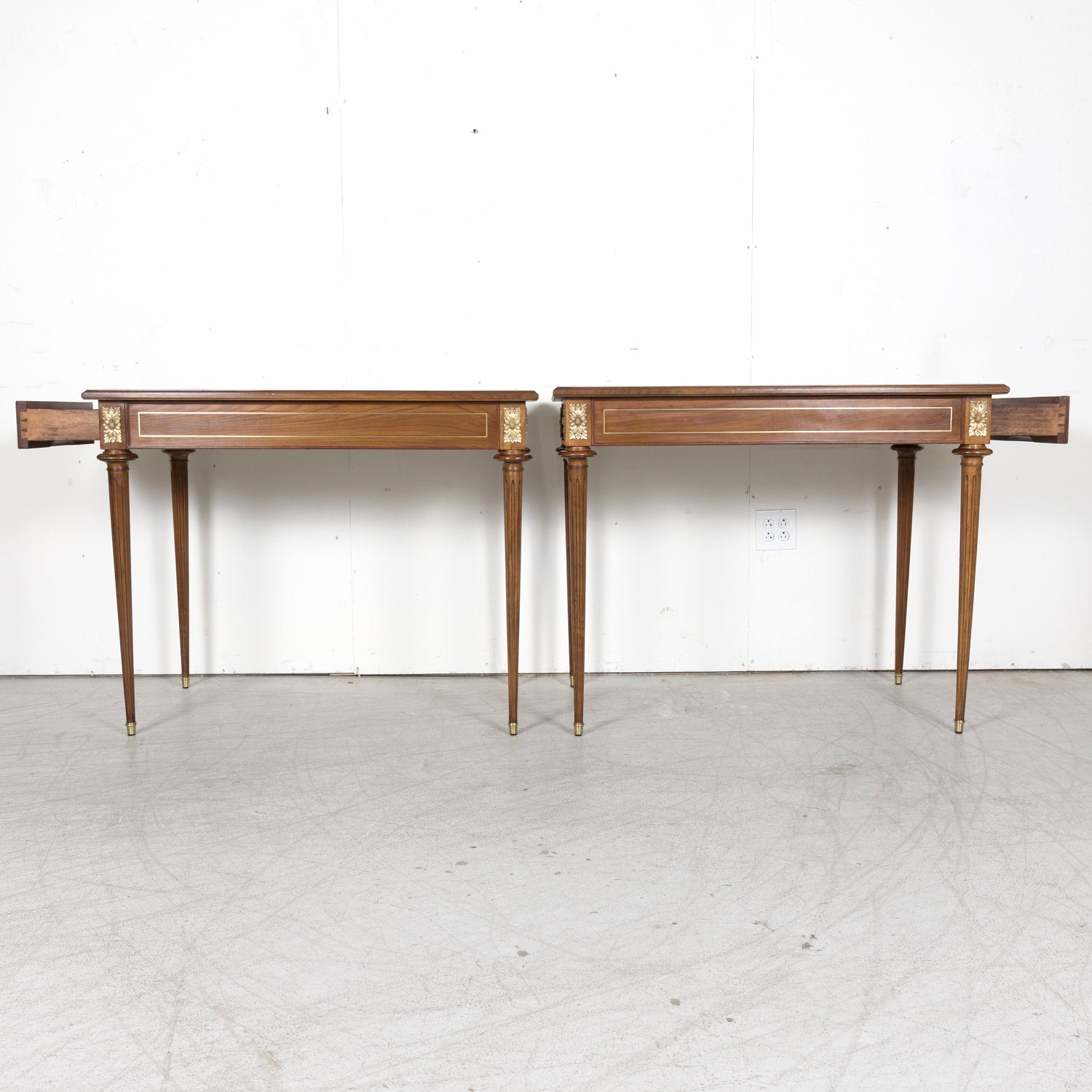 Pair of Early 20th Century French Louis XVI Style Maison Jansen Cherry Console Tables or Side Tables with Carrara Marble Tops and Drawers