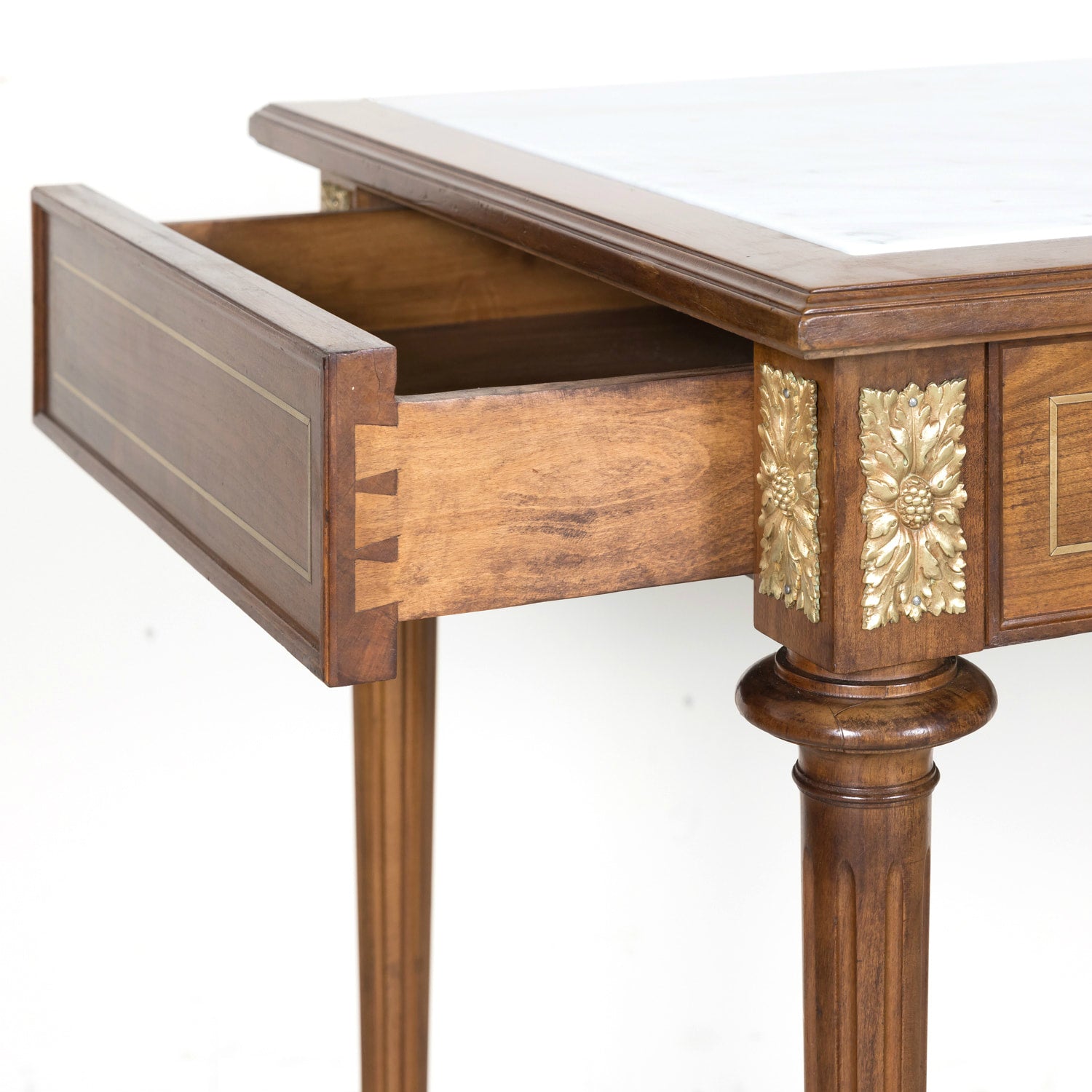 Pair of Early 20th Century French Louis XVI Style Maison Jansen Cherry Console Tables or Side Tables with Carrara Marble Tops and Drawers