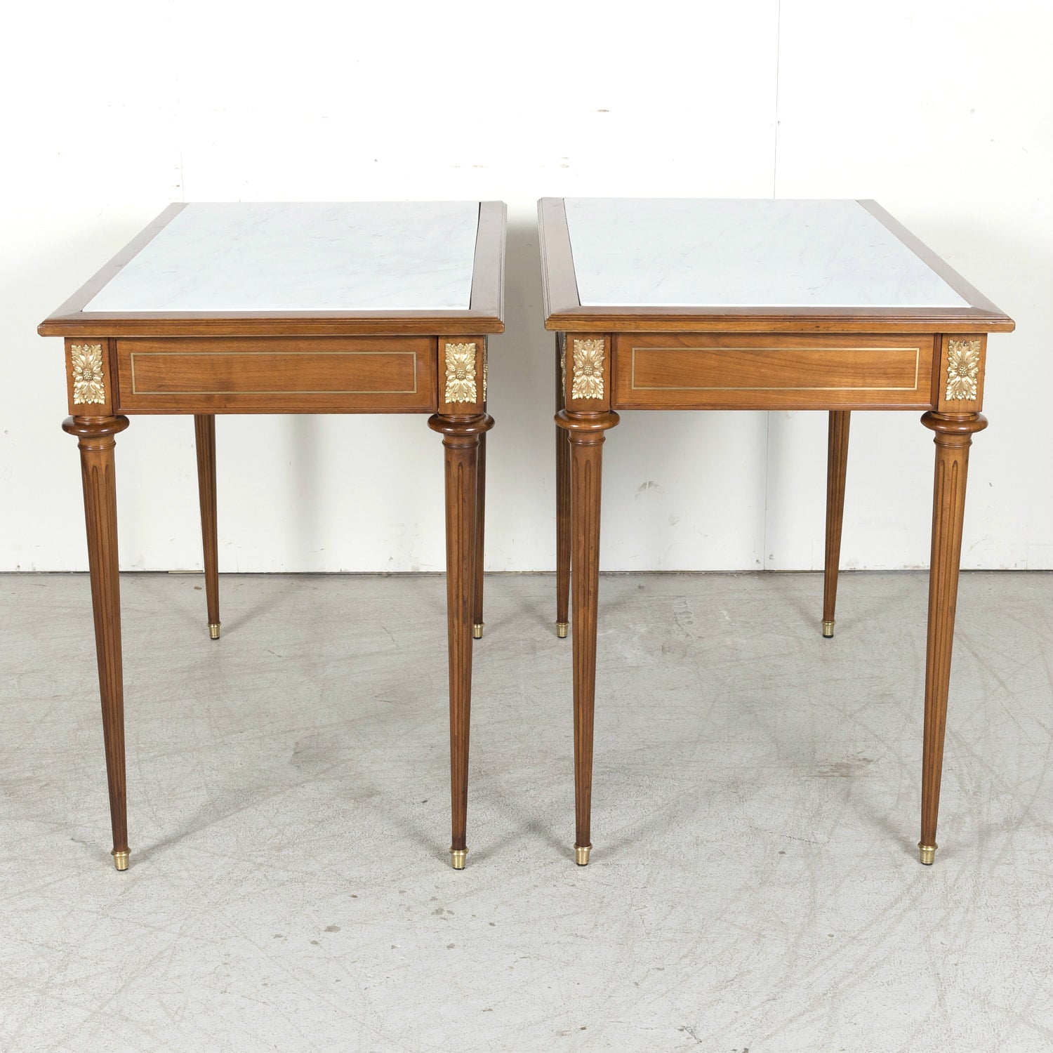 Pair of Early 20th Century French Louis XVI Style Maison Jansen Cherry Console Tables or Side Tables with Carrara Marble Tops and Drawers