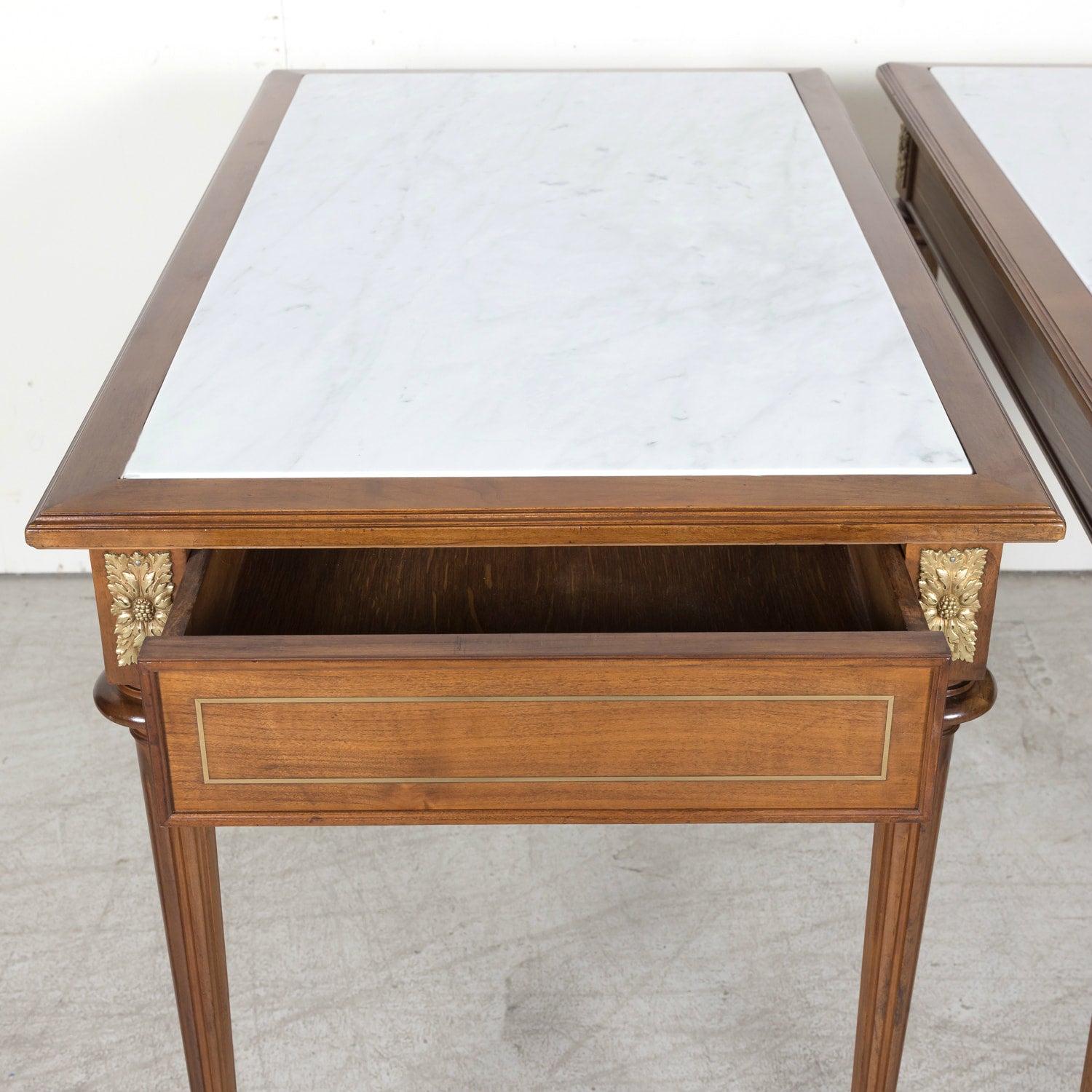 Pair of Early 20th Century French Louis XVI Style Maison Jansen Cherry Console Tables or Side Tables with Carrara Marble Tops and Drawers