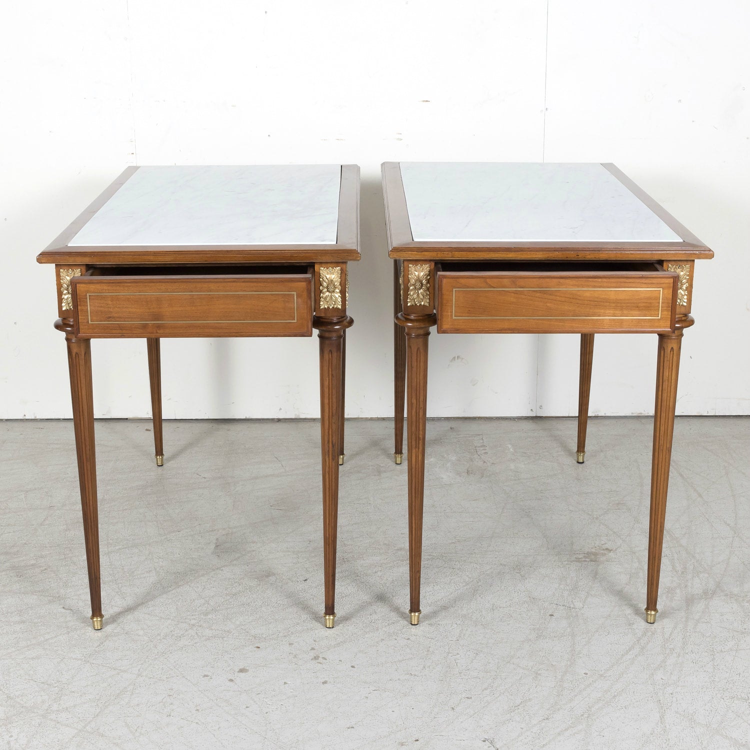 Pair of Early 20th Century French Louis XVI Style Maison Jansen Cherry Console Tables or Side Tables with Carrara Marble Tops and Drawers