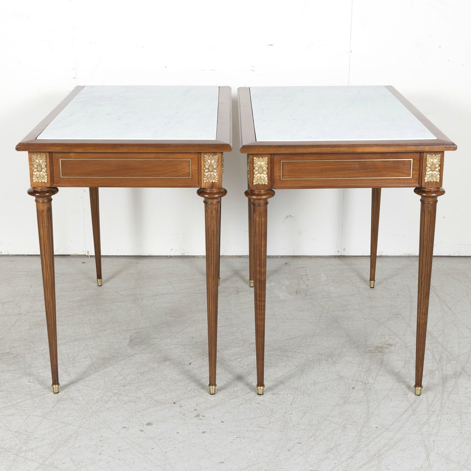 Pair of Early 20th Century French Louis XVI Style Maison Jansen Cherry Console Tables or Side Tables with Carrara Marble Tops and Drawers