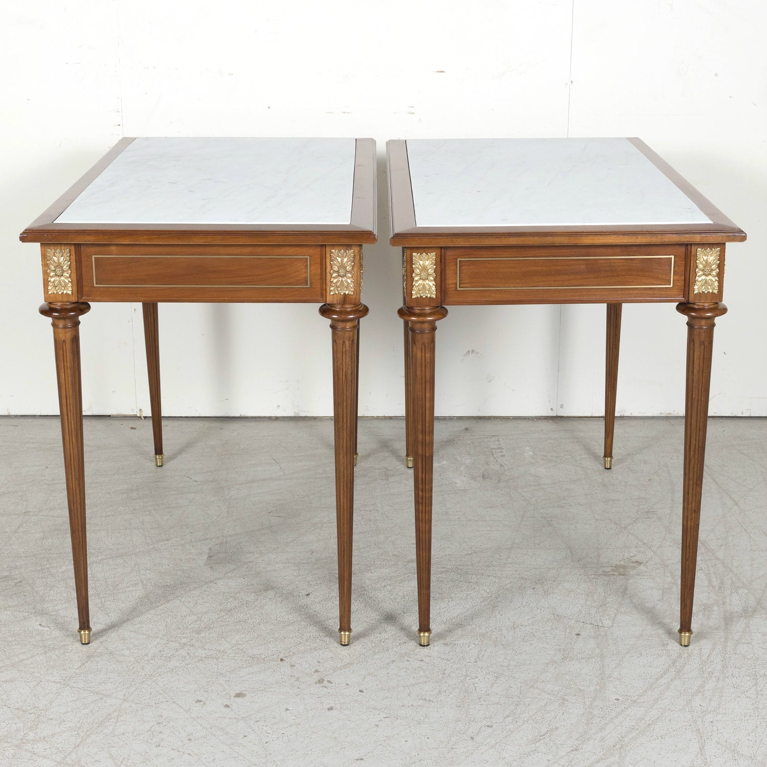 Pair of Early 20th Century French Louis XVI Style Maison Jansen Cherry Console Tables or Side Tables with Carrara Marble Tops and Drawers
