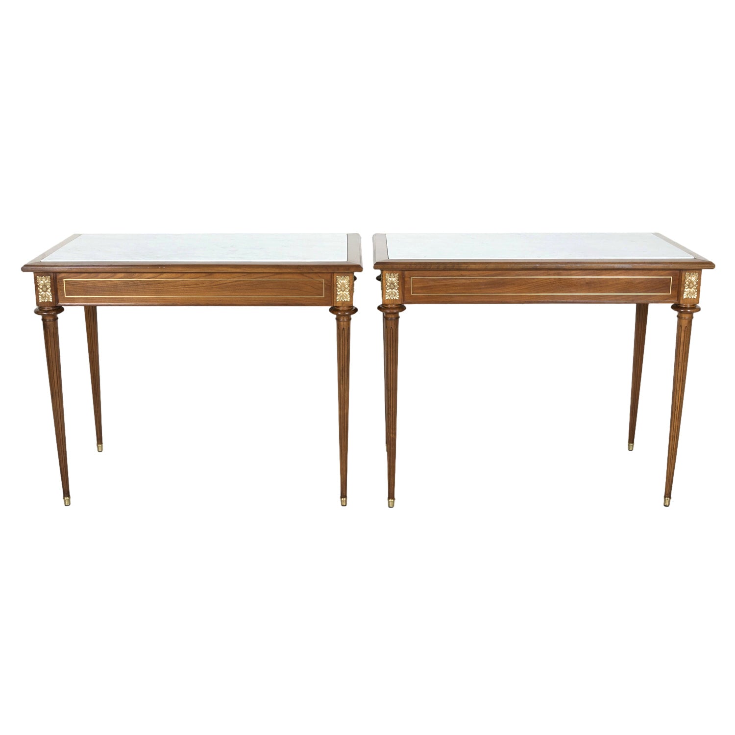 Pair of Early 20th Century French Louis XVI Style Maison Jansen Cherry Console Tables or Side Tables with Carrara Marble Tops and Drawers