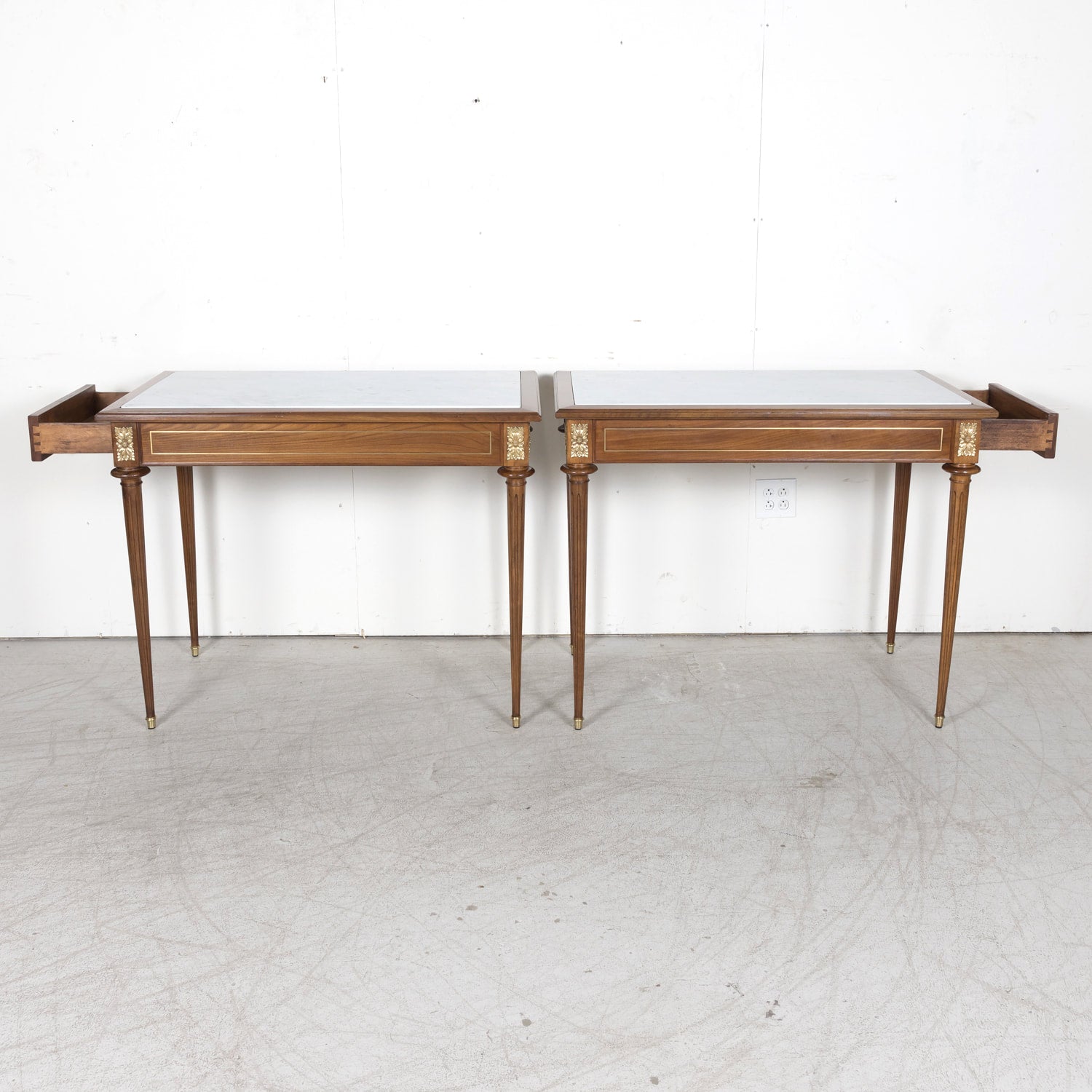 Pair of Early 20th Century French Louis XVI Style Maison Jansen Cherry Console Tables or Side Tables with Carrara Marble Tops and Drawers