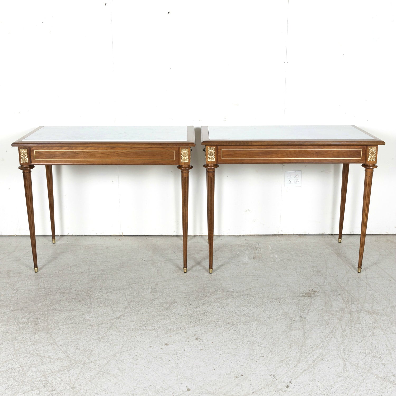 Pair of Early 20th Century French Louis XVI Style Maison Jansen Cherry Console Tables or Side Tables with Carrara Marble Tops and Drawers