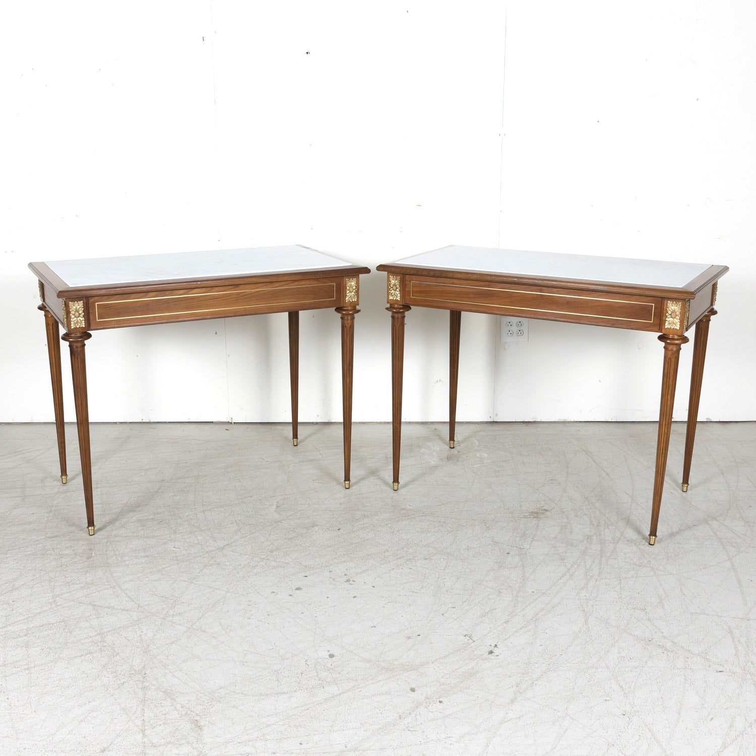 Pair of Early 20th Century French Louis XVI Style Maison Jansen Cherry Console Tables or Side Tables with Carrara Marble Tops and Drawers