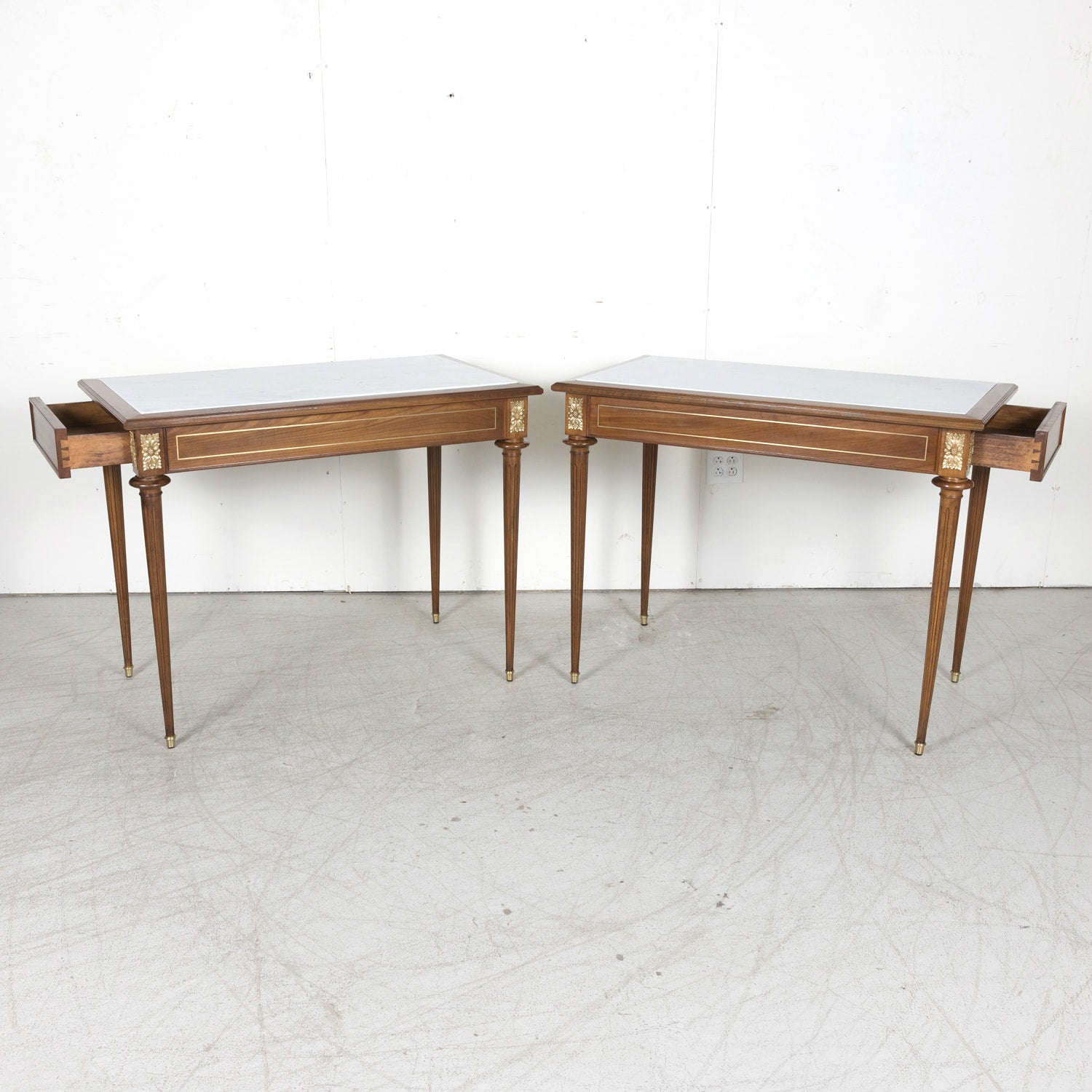 Pair of Early 20th Century French Louis XVI Style Maison Jansen Cherry Console Tables or Side Tables with Carrara Marble Tops and Drawers