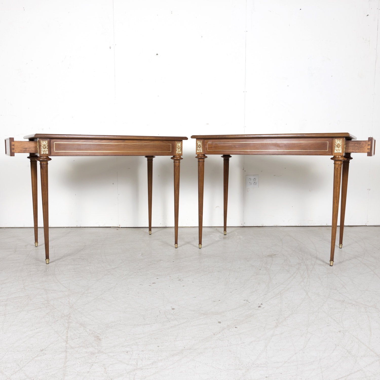 Pair of Early 20th Century French Louis XVI Style Maison Jansen Cherry Console Tables or Side Tables with Carrara Marble Tops and Drawers