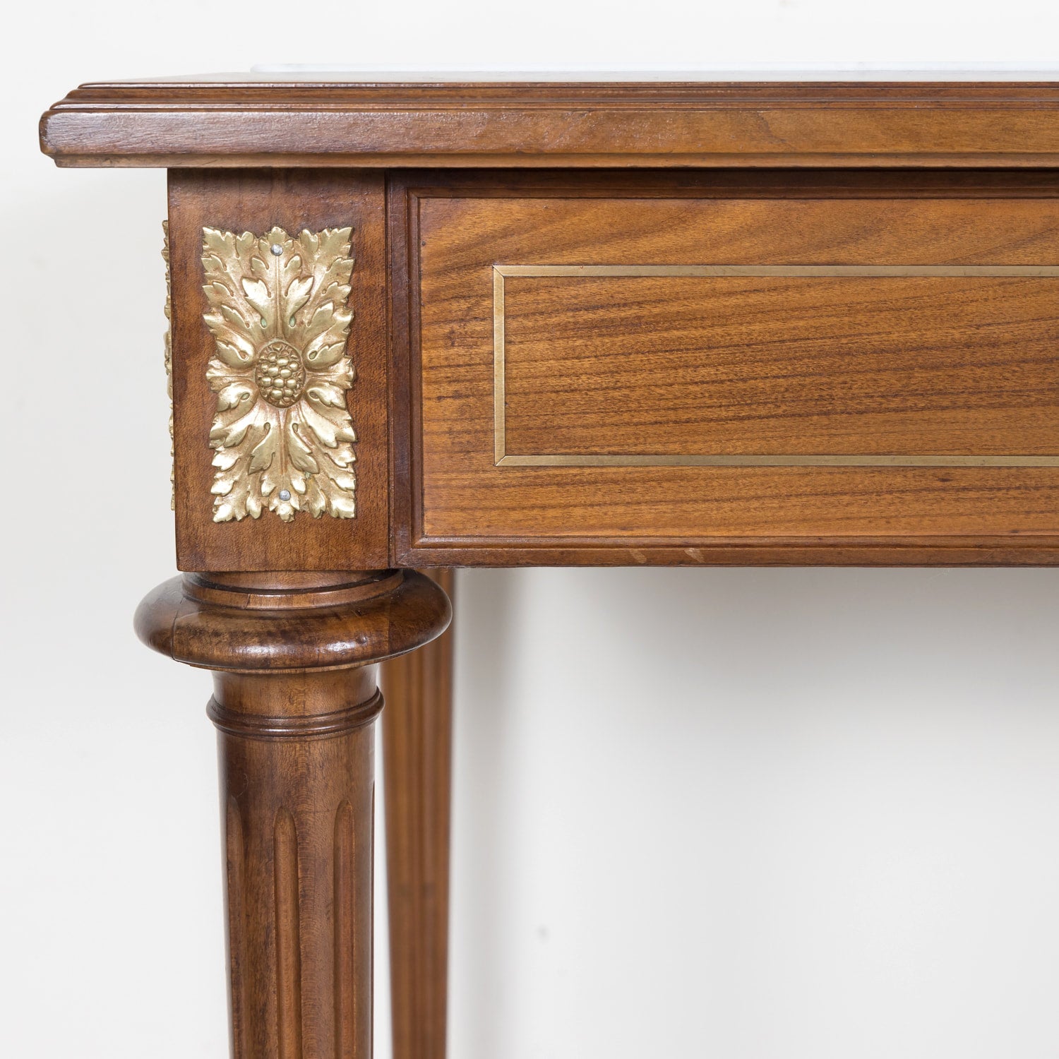 Pair of Early 20th Century French Louis XVI Style Maison Jansen Cherry Console Tables or Side Tables with Carrara Marble Tops and Drawers