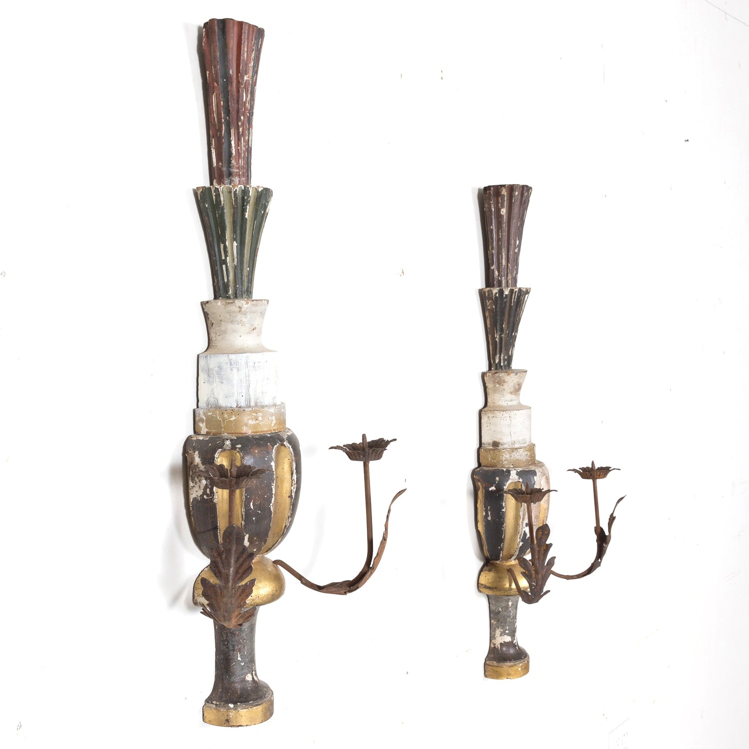 Pair of 19th Century Painted and Parcel Gilt Hand Carved Wooden Italian Florentine Candle Sconces 