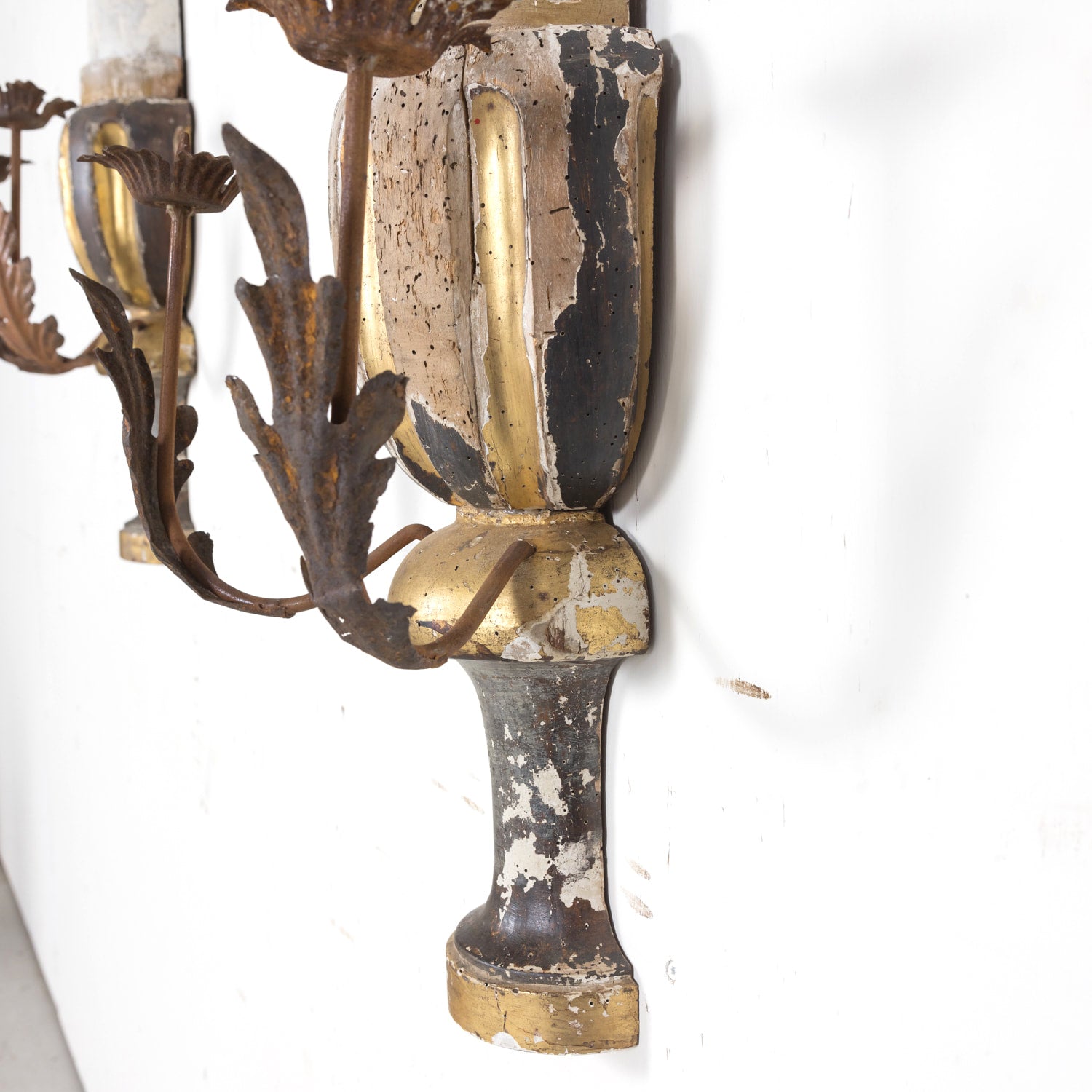 Pair of 19th Century Painted and Parcel Gilt Hand Carved Wooden Italian Florentine Candle Sconces 