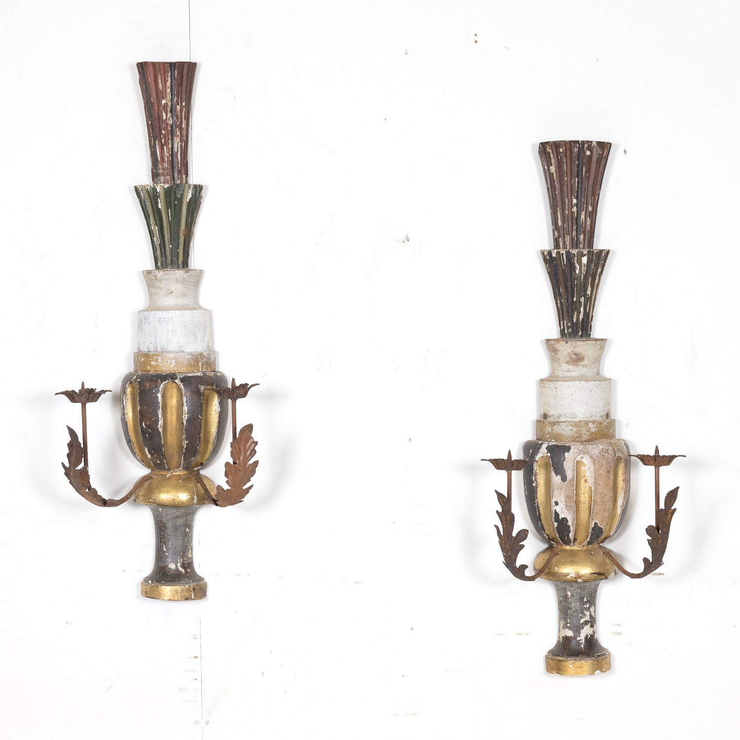 Pair of 19th Century Painted and Parcel Gilt Hand Carved Wooden Italian Florentine Candle Sconces 