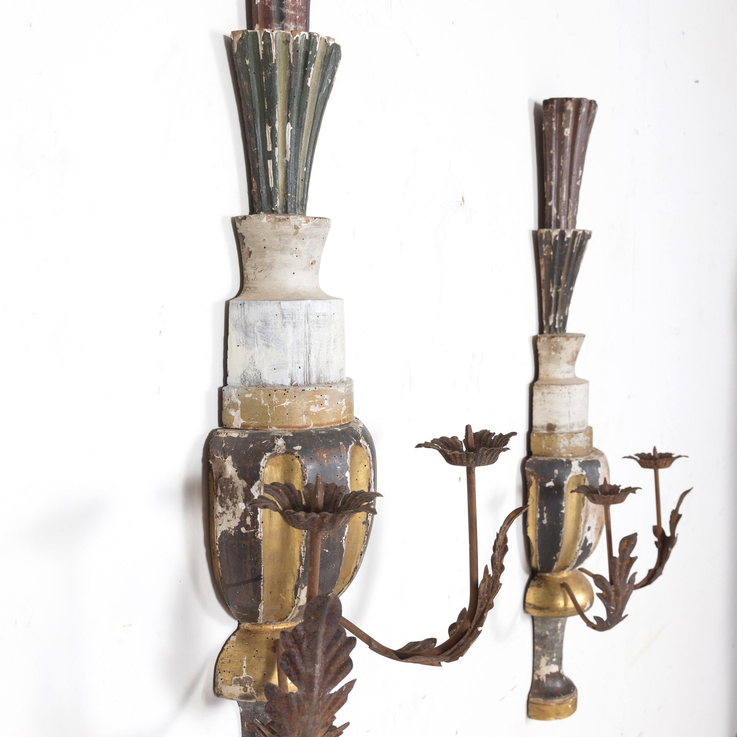 Pair of 19th Century Painted and Parcel Gilt Hand Carved Wooden Italian Florentine Candle Sconces 