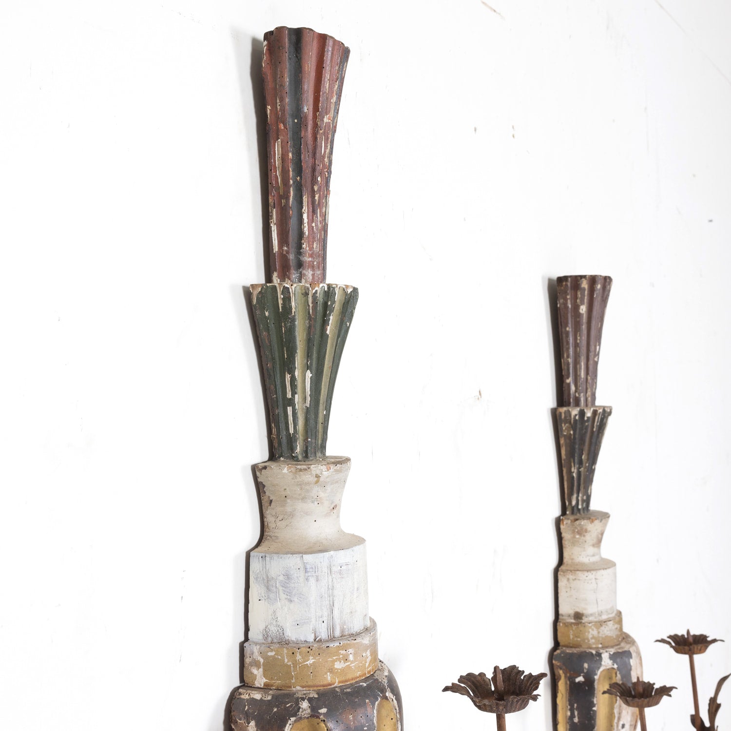 Pair of 19th Century Painted and Parcel Gilt Hand Carved Wooden Italian Florentine Candle Sconces 