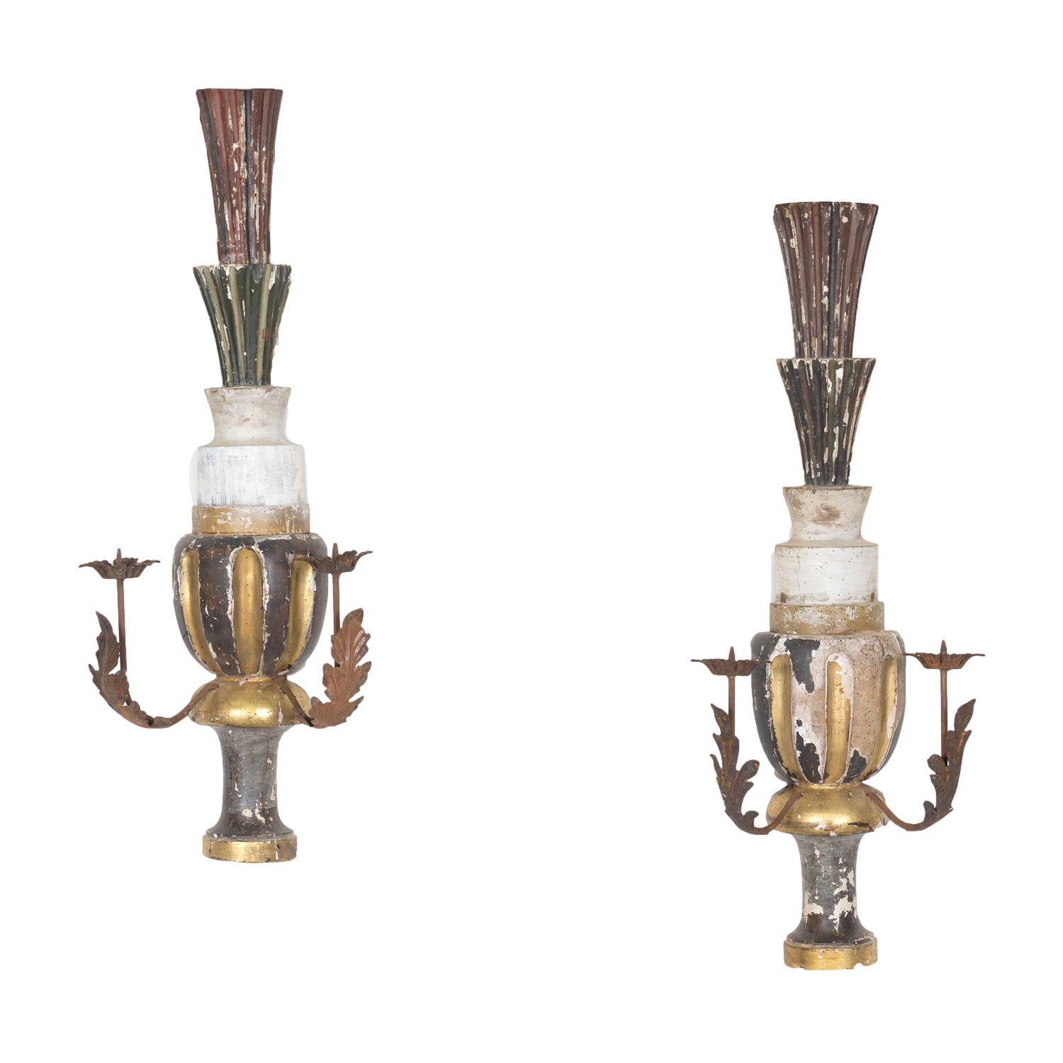 Pair of 19th Century Painted and Parcel Gilt Hand Carved Wooden Italian Florentine Candle Sconces 