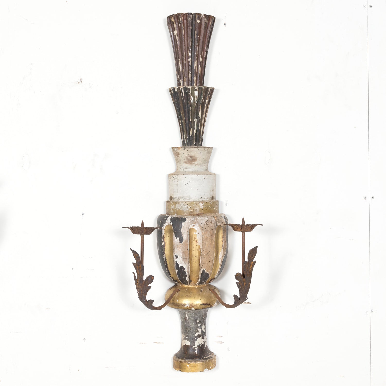 Pair of 19th Century Painted and Parcel Gilt Hand Carved Wooden Italian Florentine Candle Sconces 