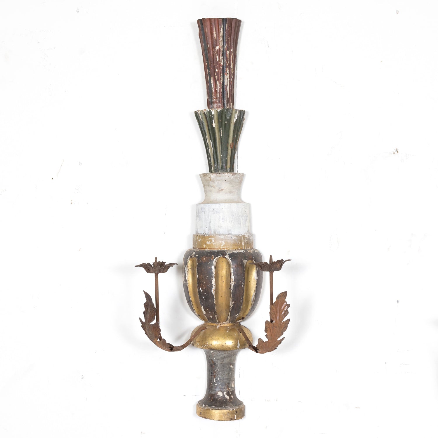 Pair of 19th Century Painted and Parcel Gilt Hand Carved Wooden Italian Florentine Candle Sconces 
