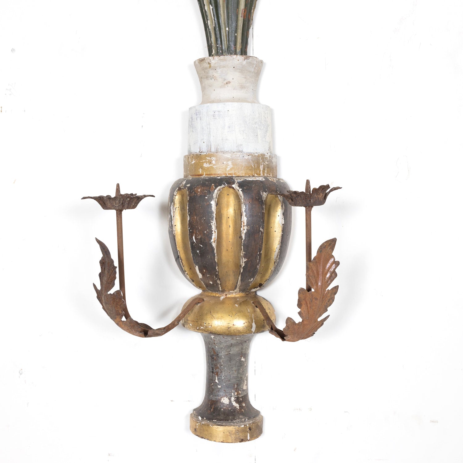 Pair of 19th Century Painted and Parcel Gilt Hand Carved Wooden Italian Florentine Candle Sconces 