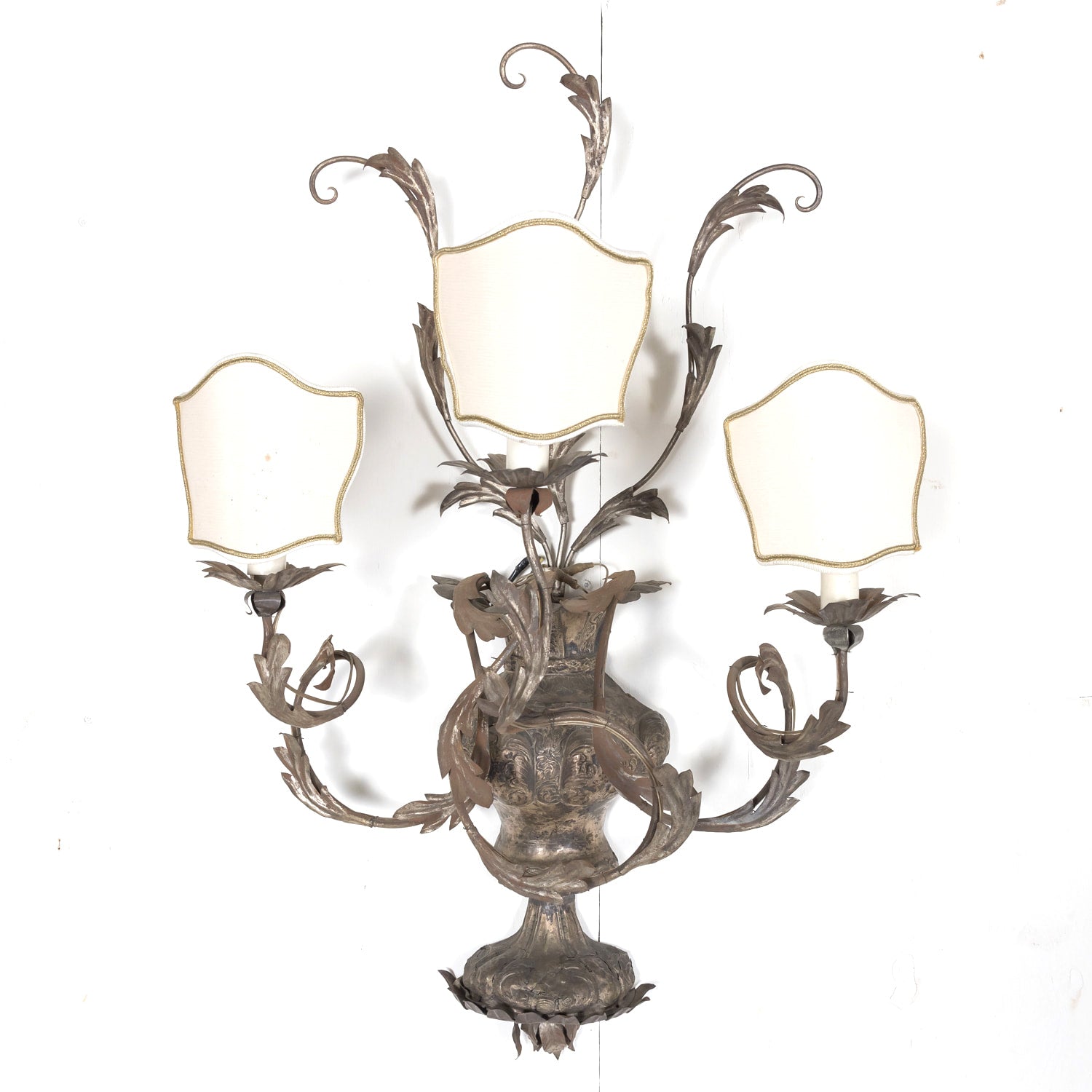 Pair of Vintage Silver Metal Italian 3-Light Sconces with Half-Shades