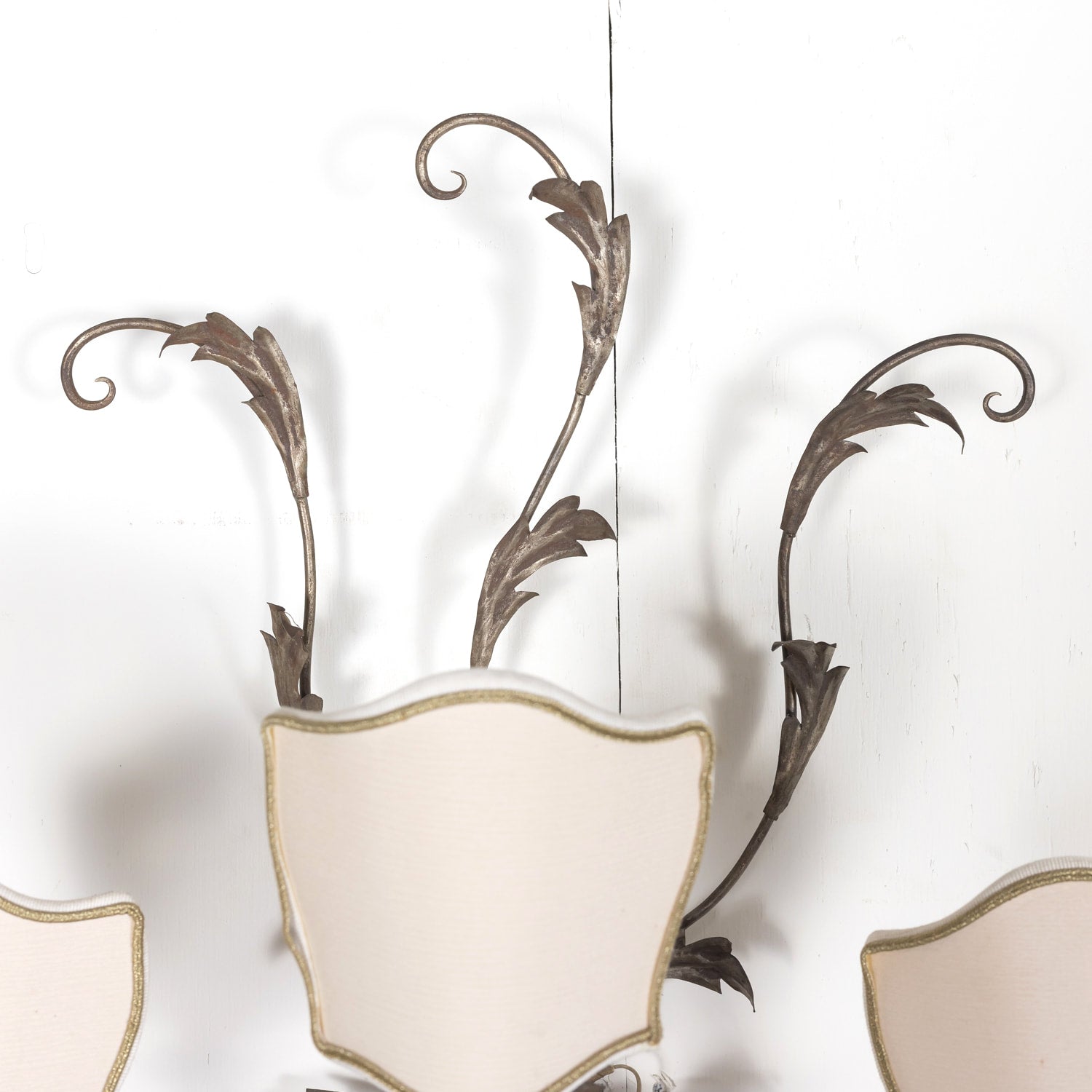 Pair of Vintage Silver Metal Italian 3-Light Sconces with Half-Shades