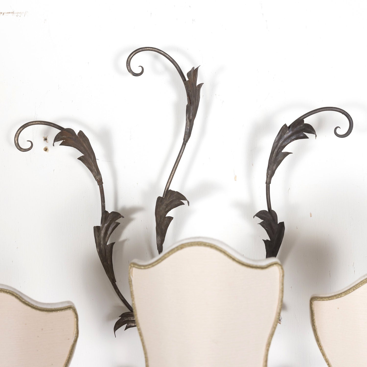 Pair of Vintage Silver Metal Italian 3-Light Sconces with Half-Shades