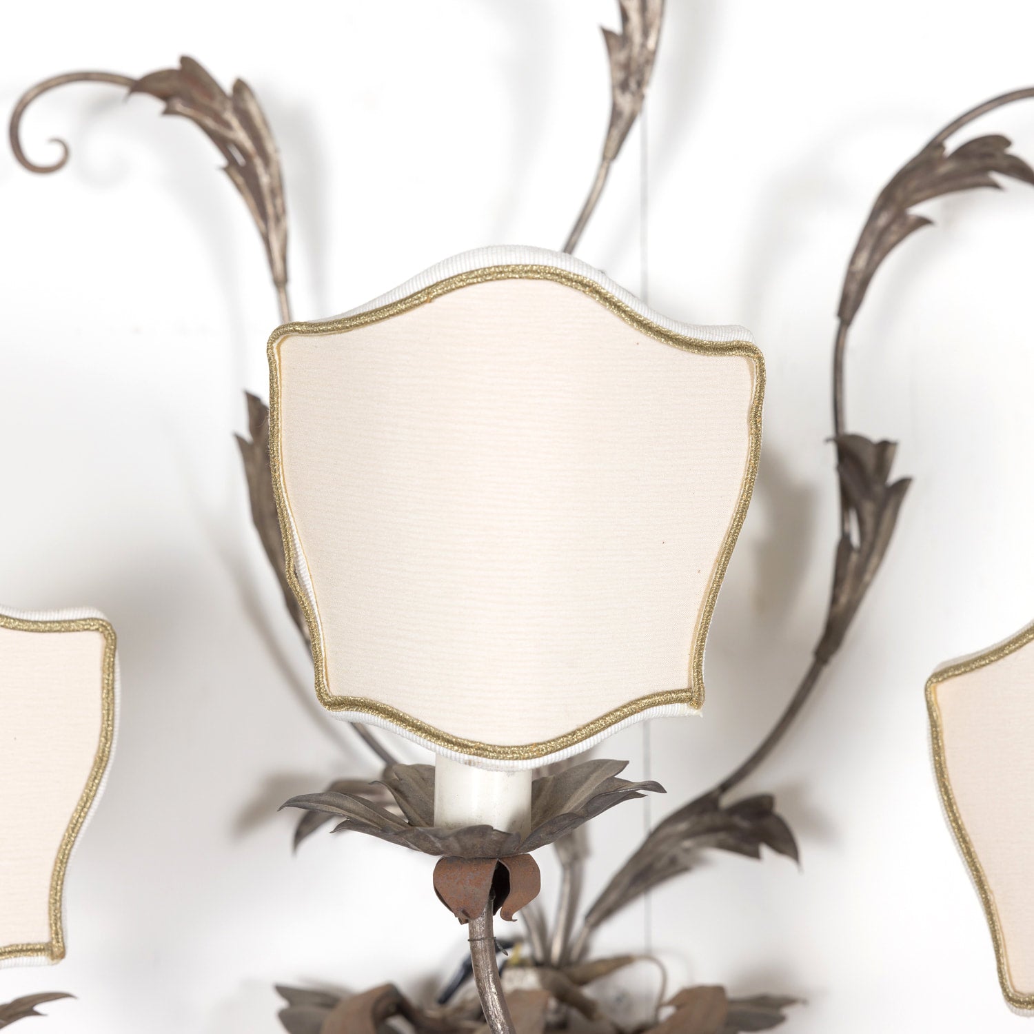 Pair of Vintage Silver Metal Italian 3-Light Sconces with Half-Shades