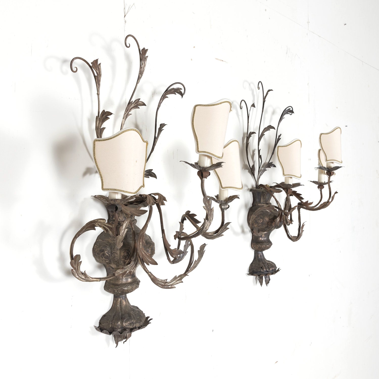 Pair of Vintage Silver Metal Italian 3-Light Sconces with Half-Shades
