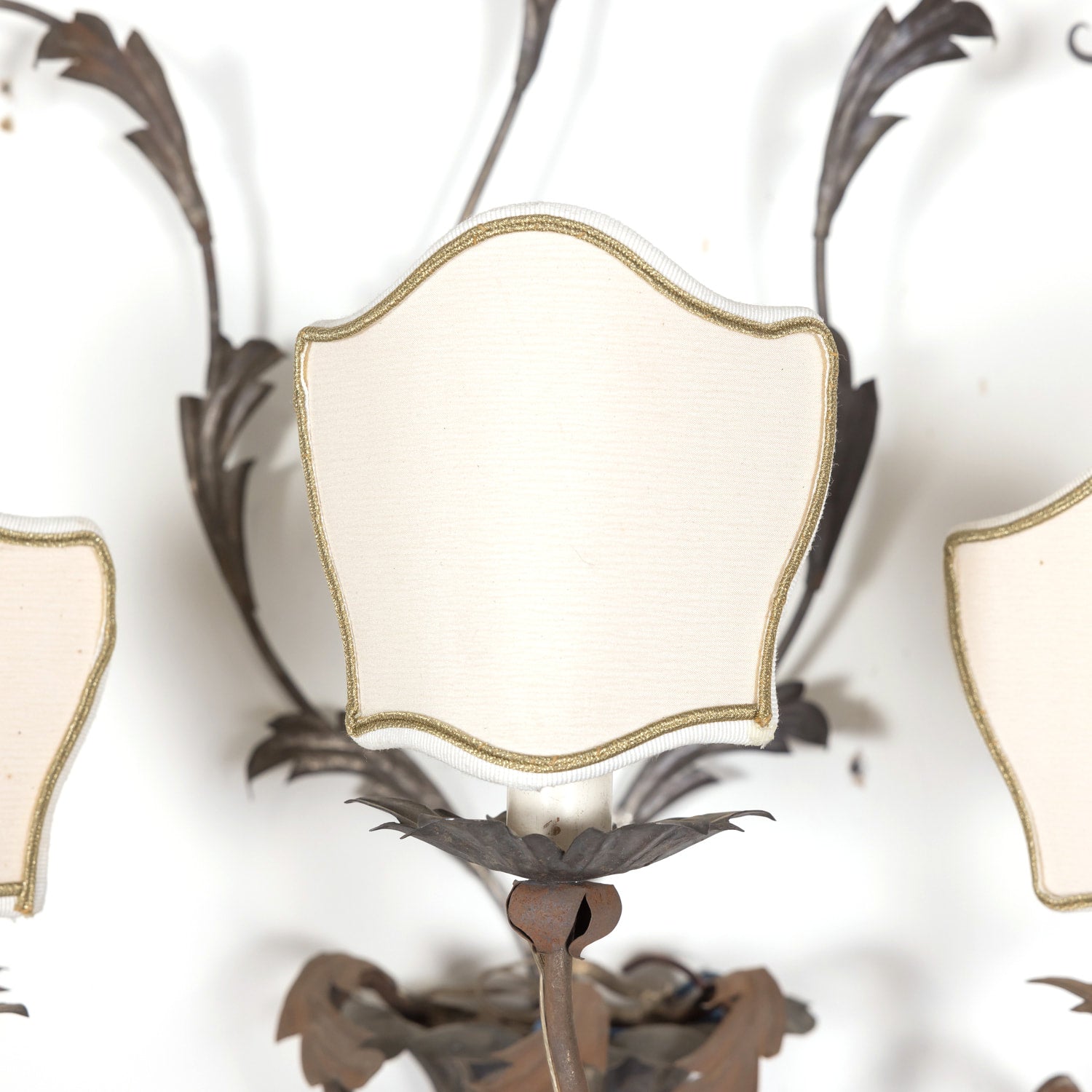 Pair of Vintage Silver Metal Italian 3-Light Sconces with Half-Shades