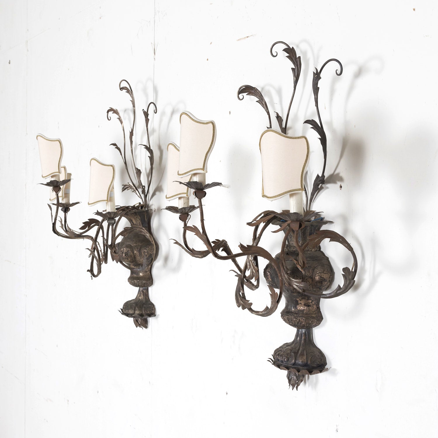 Pair of Vintage Silver Metal Italian 3-Light Sconces with Half-Shades
